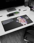 32x16 inches anime desk mat featuring shy silver-haired girl holding a tiny camera, huge blue eyes.