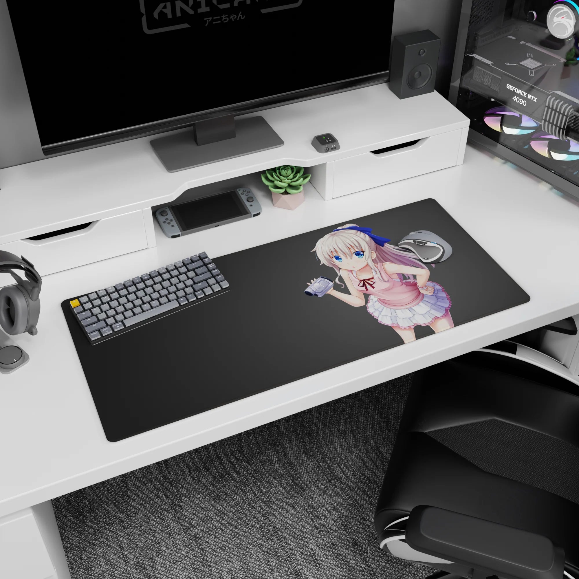 36x16 inches anime girl mouse pad showing a silver-haired girl holding a tiny camera, like she caught you gaming.