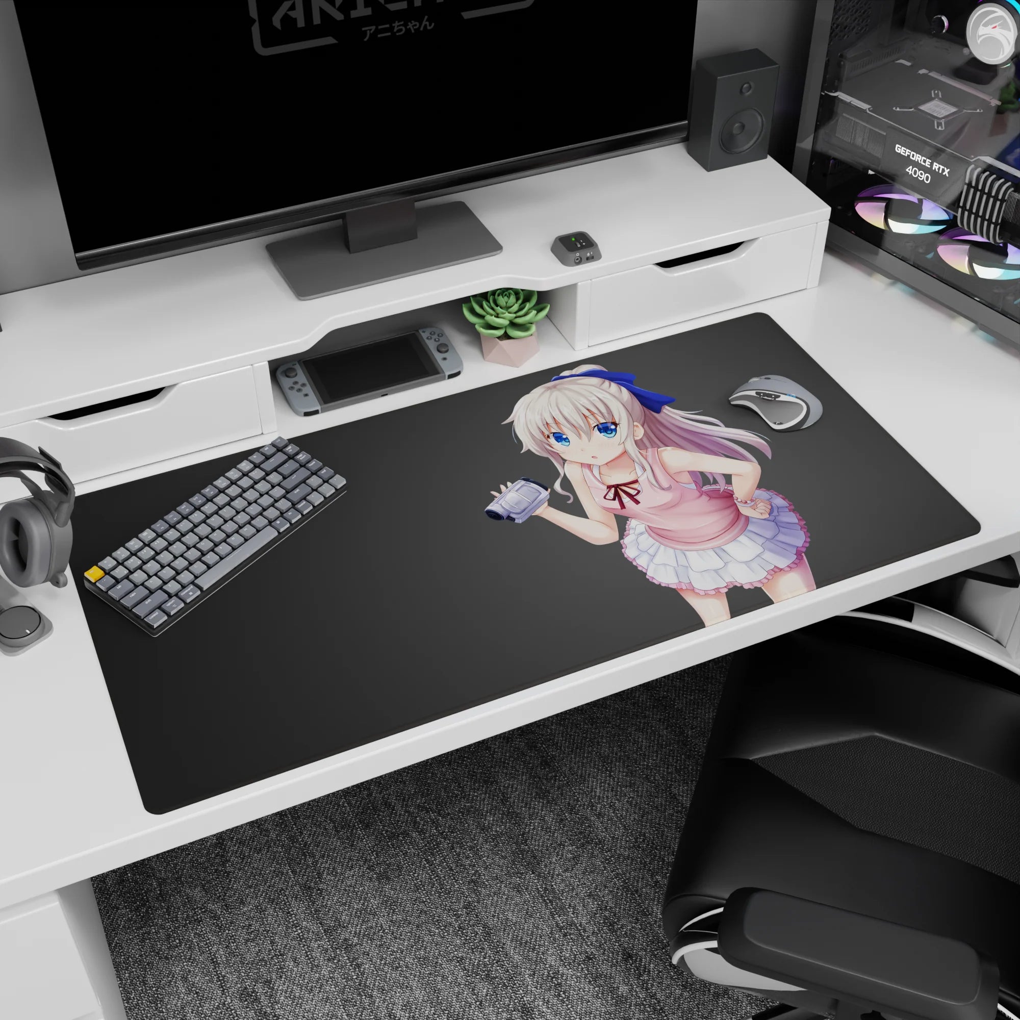 Shy silver-haired anime girl holding a tiny camera on desk pad 40x20 inches, huge blue eyes, pout.