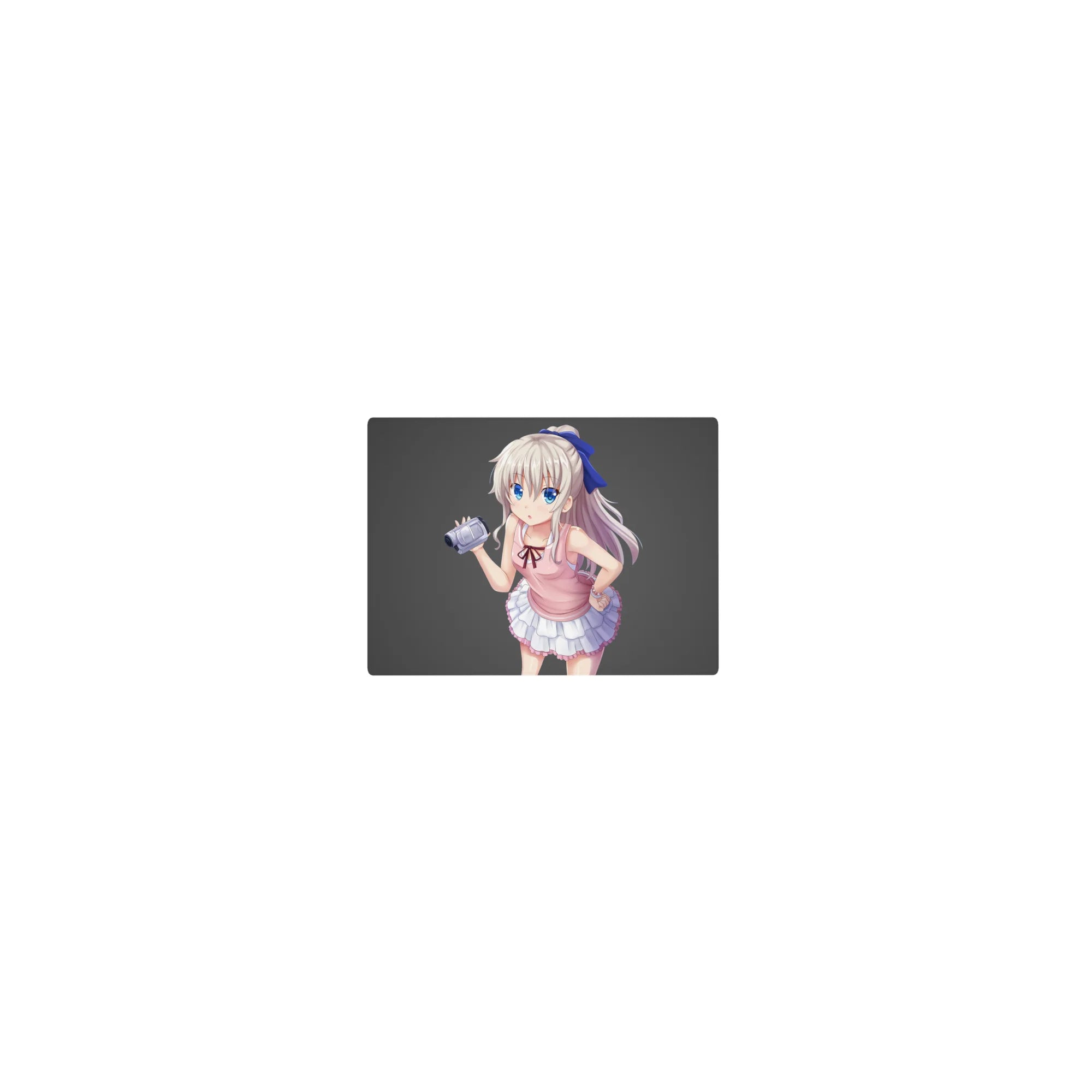 Classic anime girl mouse pad 14x10 inches with silver hair, blue eyes, camera, pink top, frilly skirt.