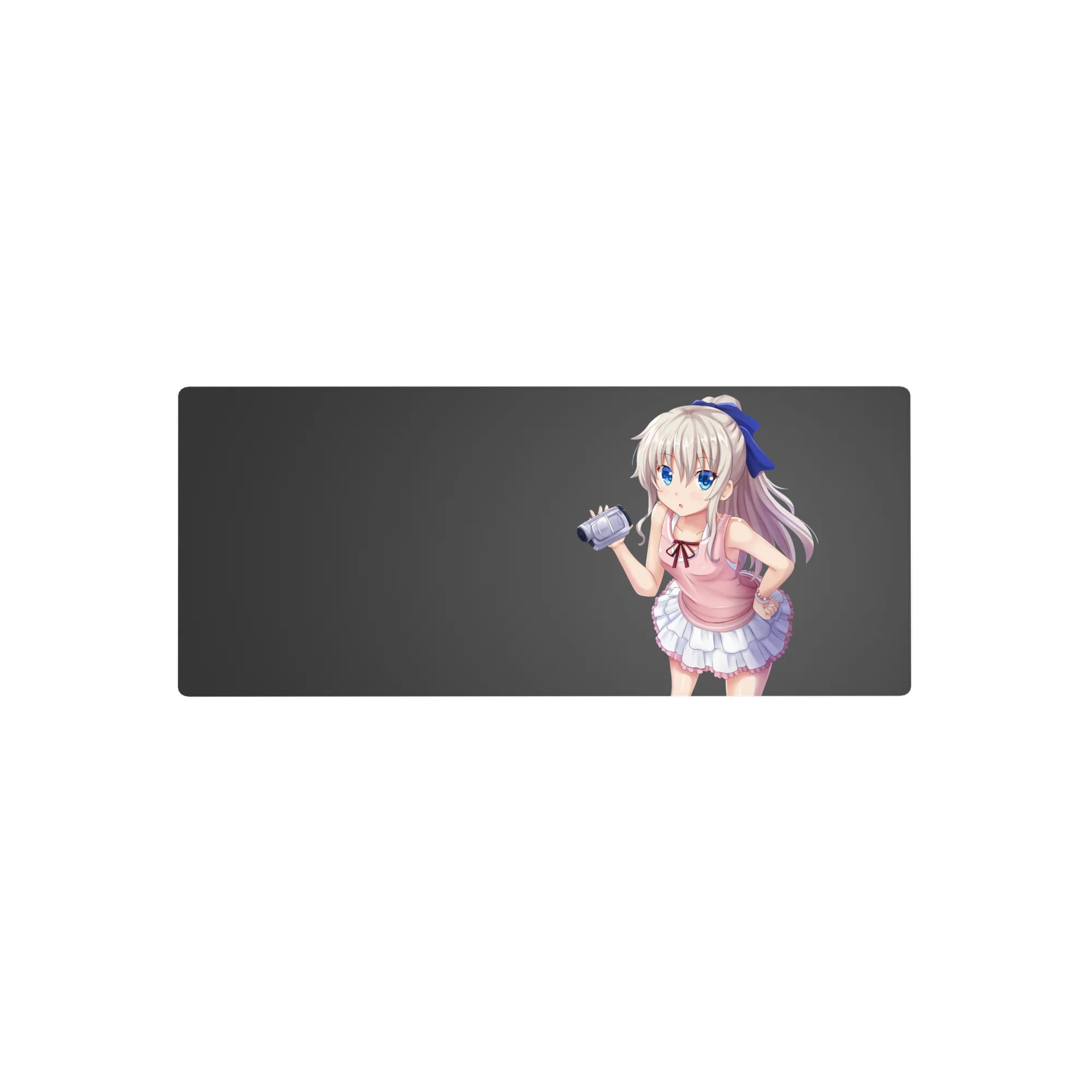 28x12 inches anime girl mouse pad with silver hair, big blue eyes, camera pose on clean gray background.