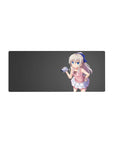 28x12 inches anime girl mouse pad with silver hair, big blue eyes, camera pose on clean gray background.