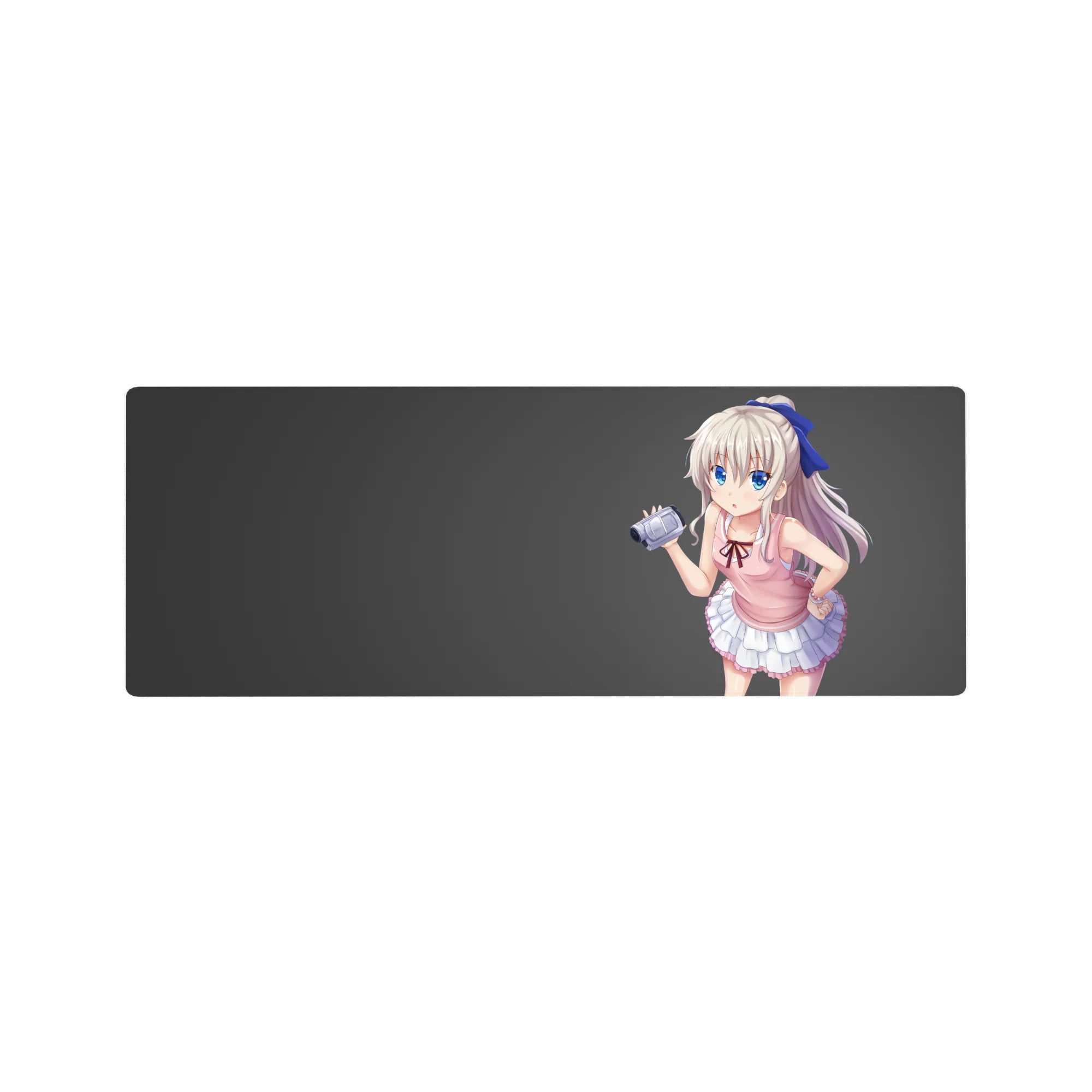 Anime girl mouse pad 32x12 inches with silver-haired, blue-eyed girl in pink top and frilly skirt.