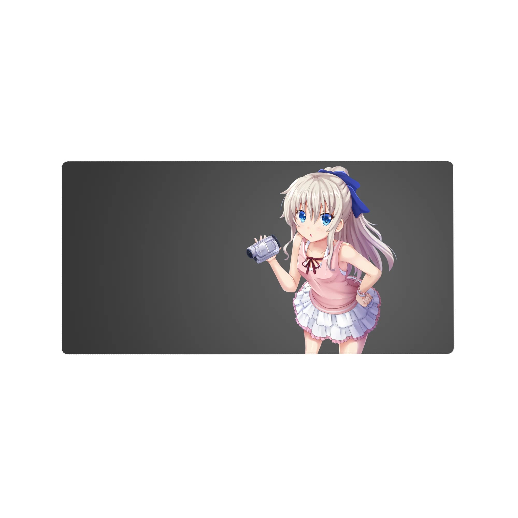 32x16 inches anime girl mouse pad with silver-haired big-eyed girl, pink top, frilly skirt, blue ribbon.