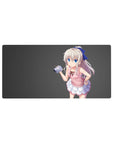 32x16 inches anime girl mouse pad with silver-haired big-eyed girl, pink top, frilly skirt, blue ribbon.