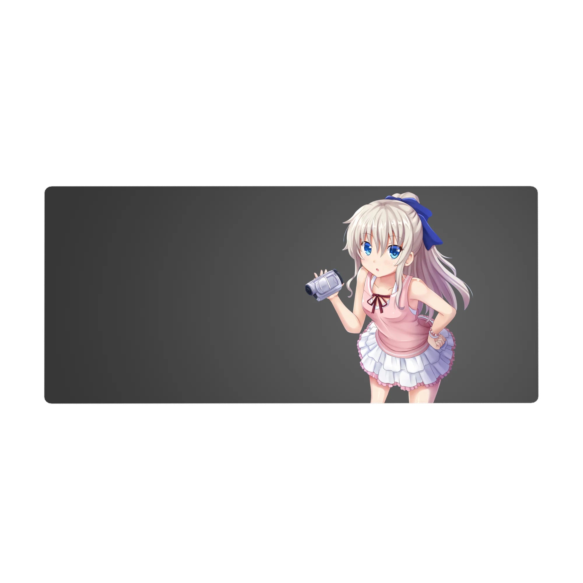 36x16 inches anime girl desk pad with silver hair, big blue eyes, shy pout, clean gray background.