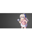 36x16 inches anime girl desk pad with silver hair, big blue eyes, shy pout, clean gray background.