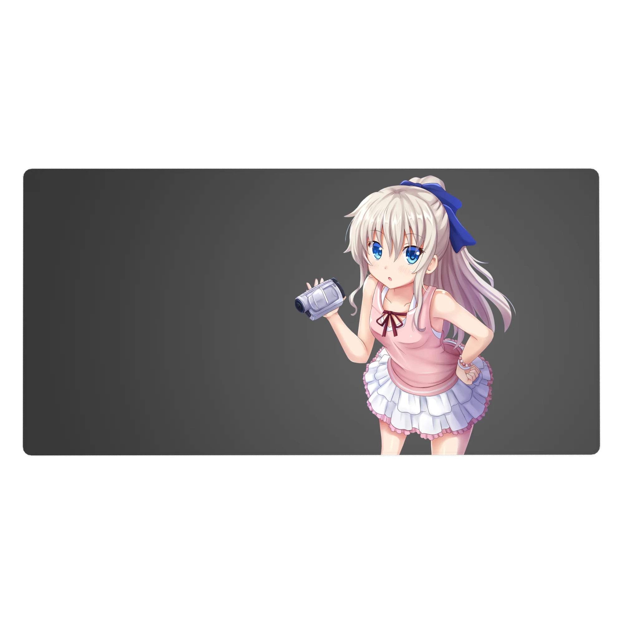 Anime girl desk pad 40x20 inches with silver hair, big blue eyes, camera pose on clean gray background.
