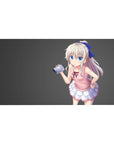 Anime girl desk pad 40x20 inches with silver hair, big blue eyes, camera pose on clean gray background.