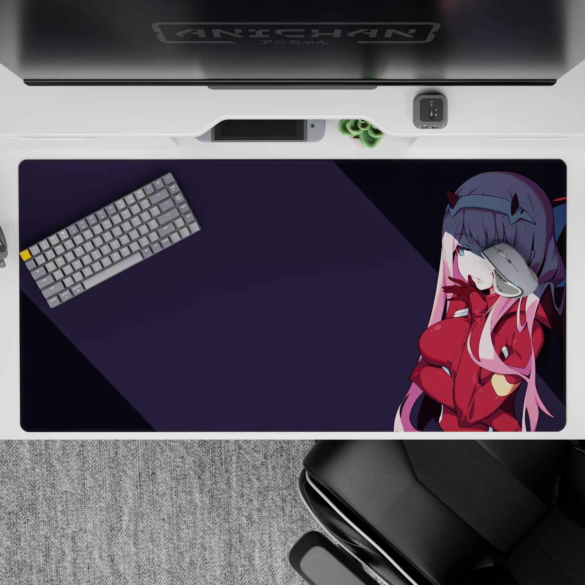 Dynamic 40x20 mouse pad transforms your workspace into a realm of mystery and power, blending Zero Two’s commanding presence with shadowy artistry for an immersive vibe