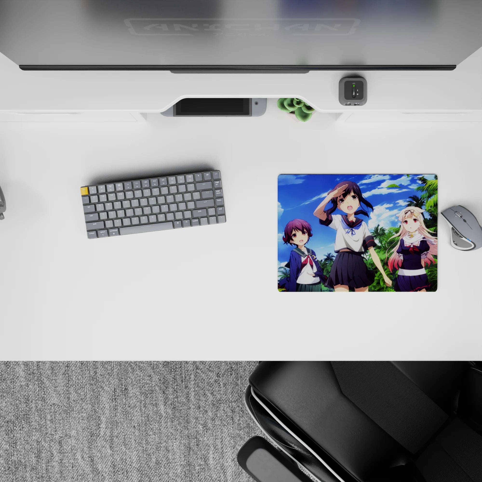 Bright cobalt sky anime girl mouse pad 14x10 inches, tropical pastels, sunny playful daydream vibe.