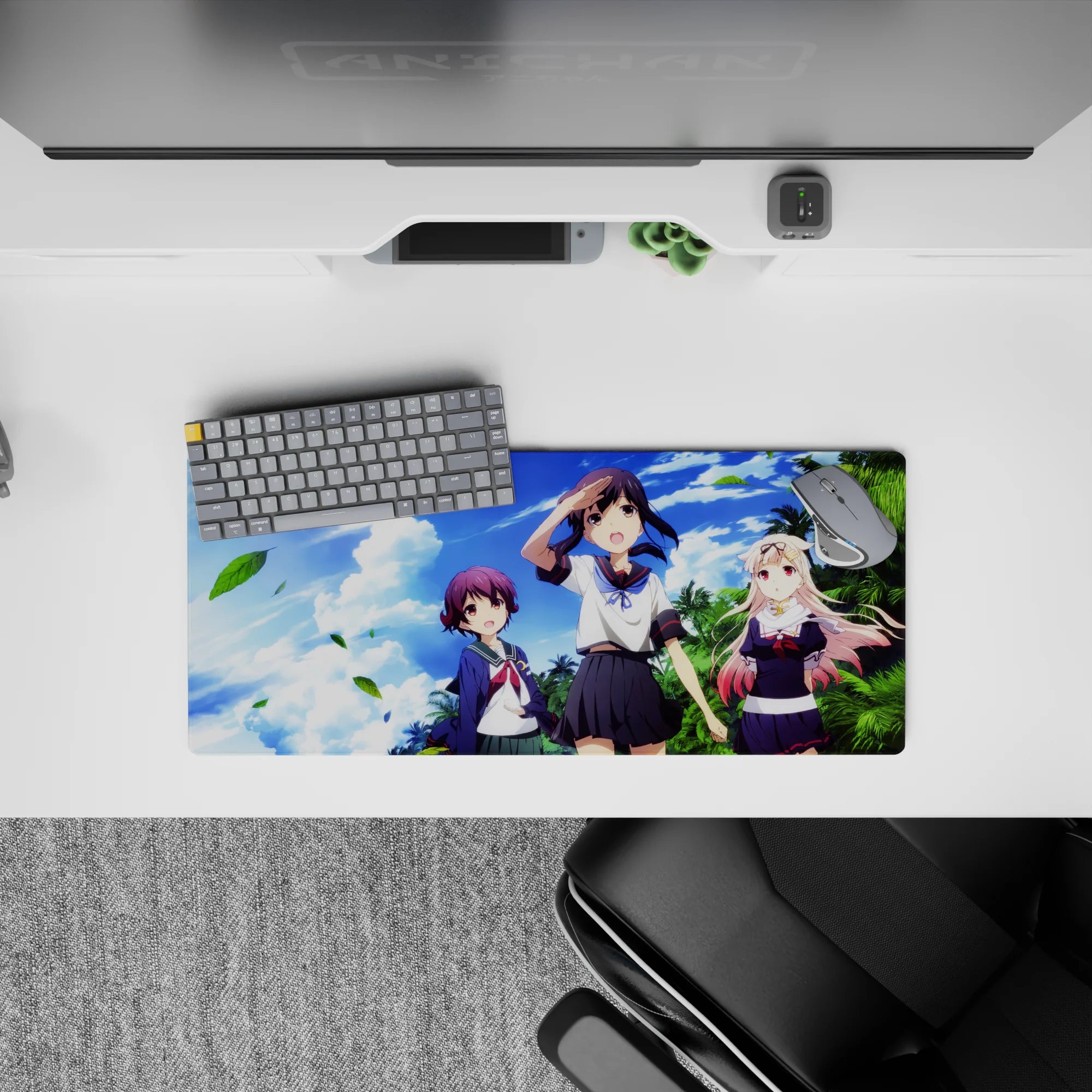 Tropical cobalt-sky anime girl mouse pad 28x12 inches with bright uniforms, blush tones, and sunny vibes.