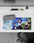 Tropical cobalt-sky anime girl mouse pad 28x12 inches with bright uniforms, blush tones, and sunny vibes.