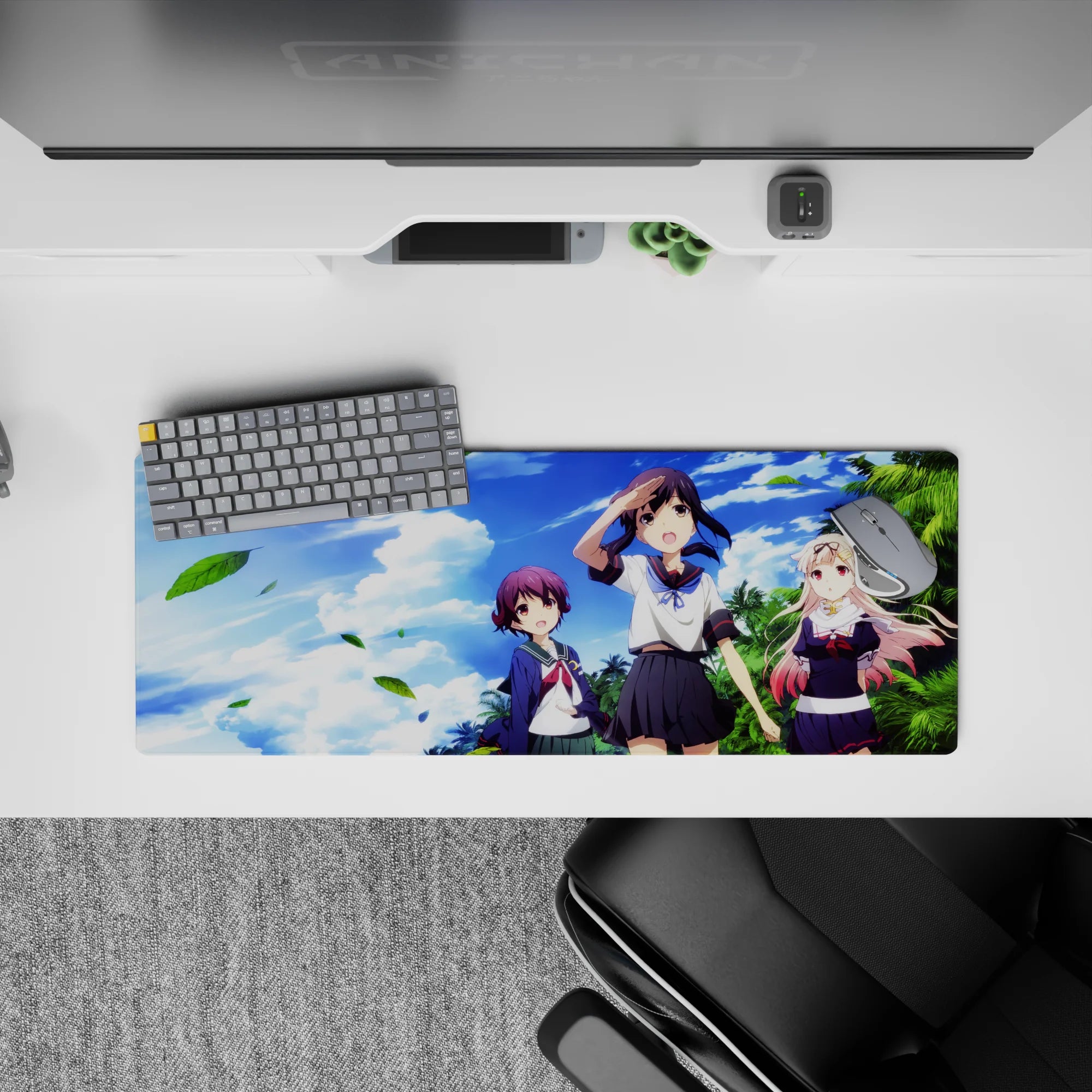 32x12 inches anime girl mouse pad in bright cobalt sky blues with soft blush uniforms, sunny tropical vibe.