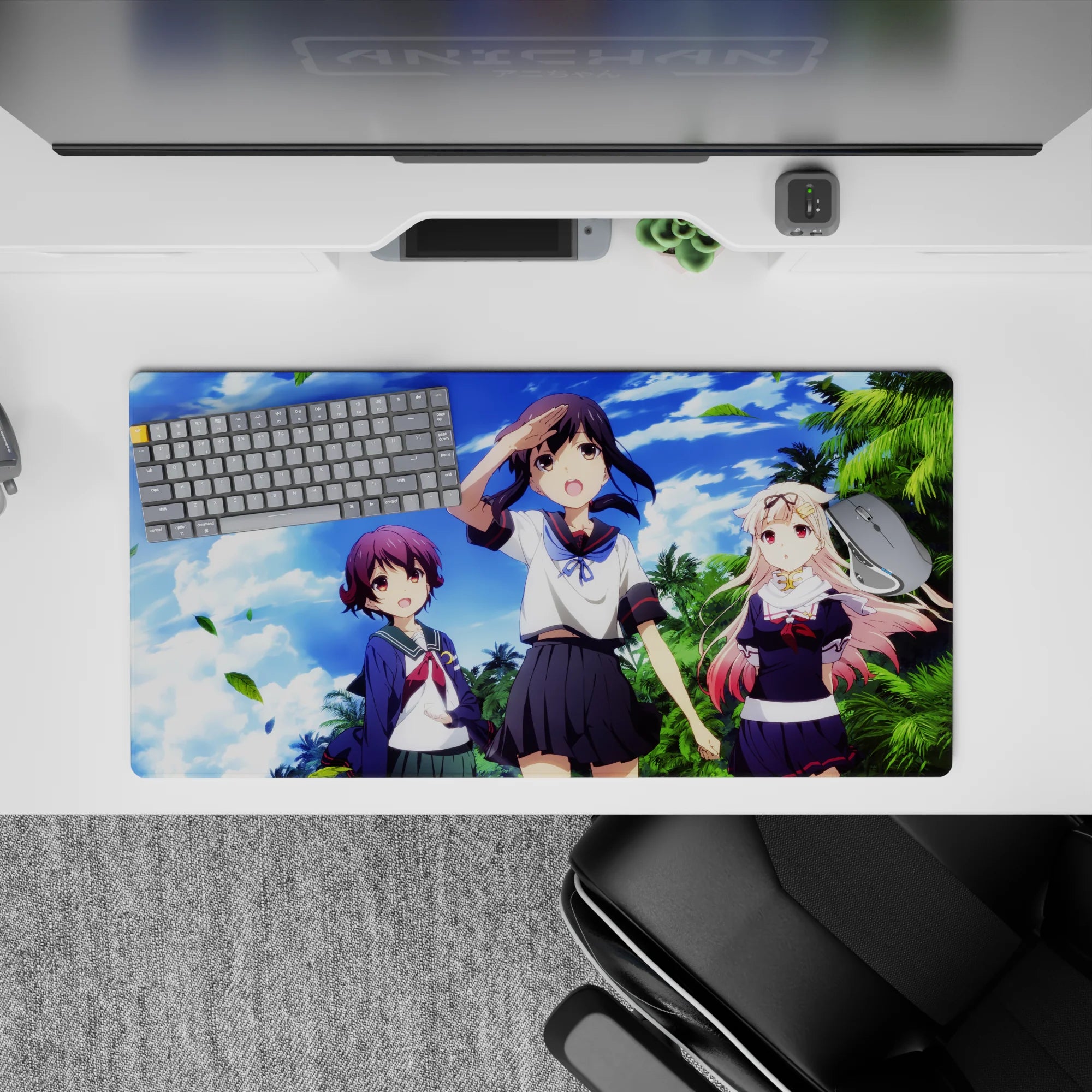 Tropical cobalt-sky anime girl mouse pad 32x16 inches with bright uniforms and soft blush tones.