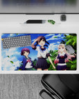 Tropical cobalt-sky anime girl mouse pad 32x16 inches with bright uniforms and soft blush tones.