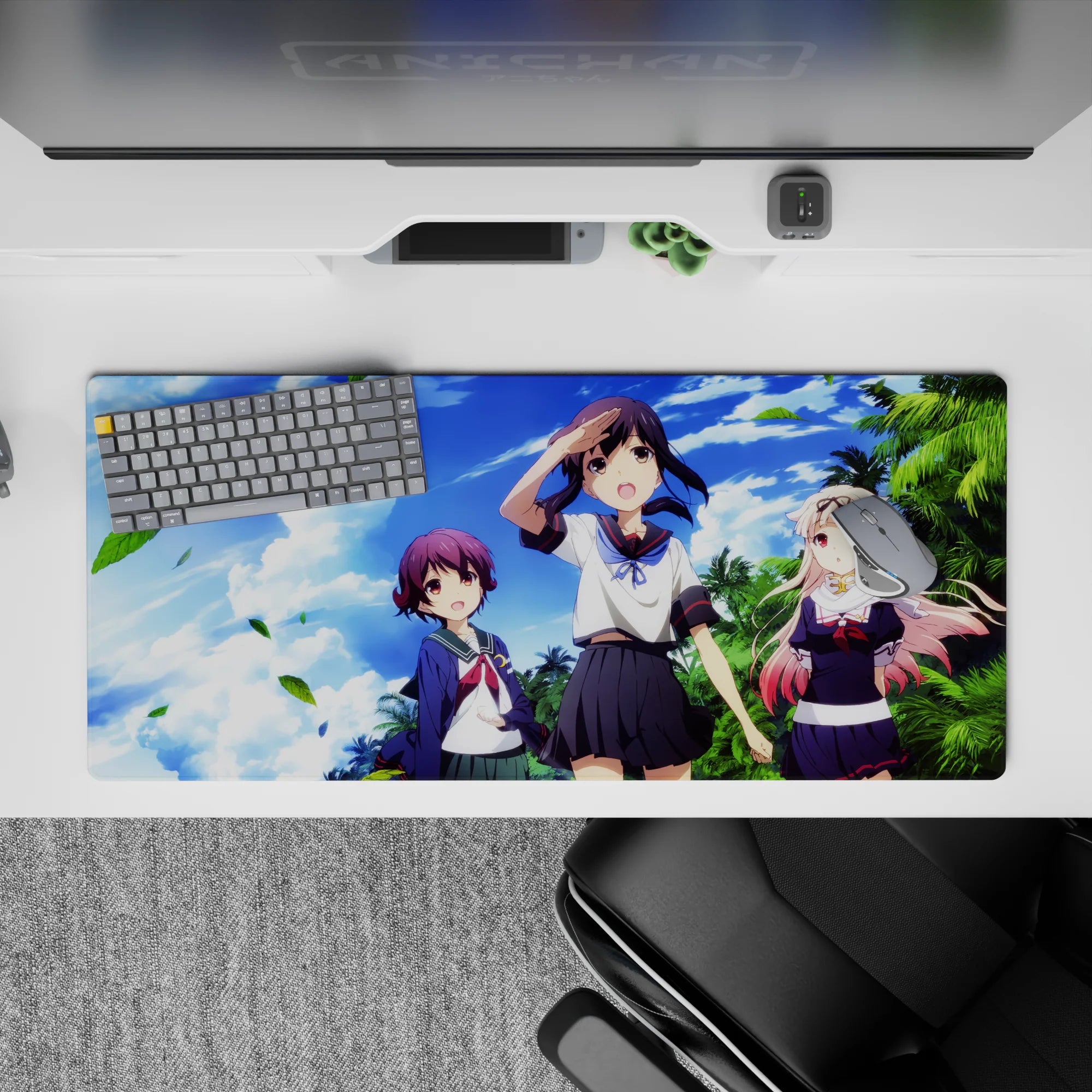 Sunny cobalt-sky anime girl desk pad 36x16 inches with bright uniforms and soft blush tones.