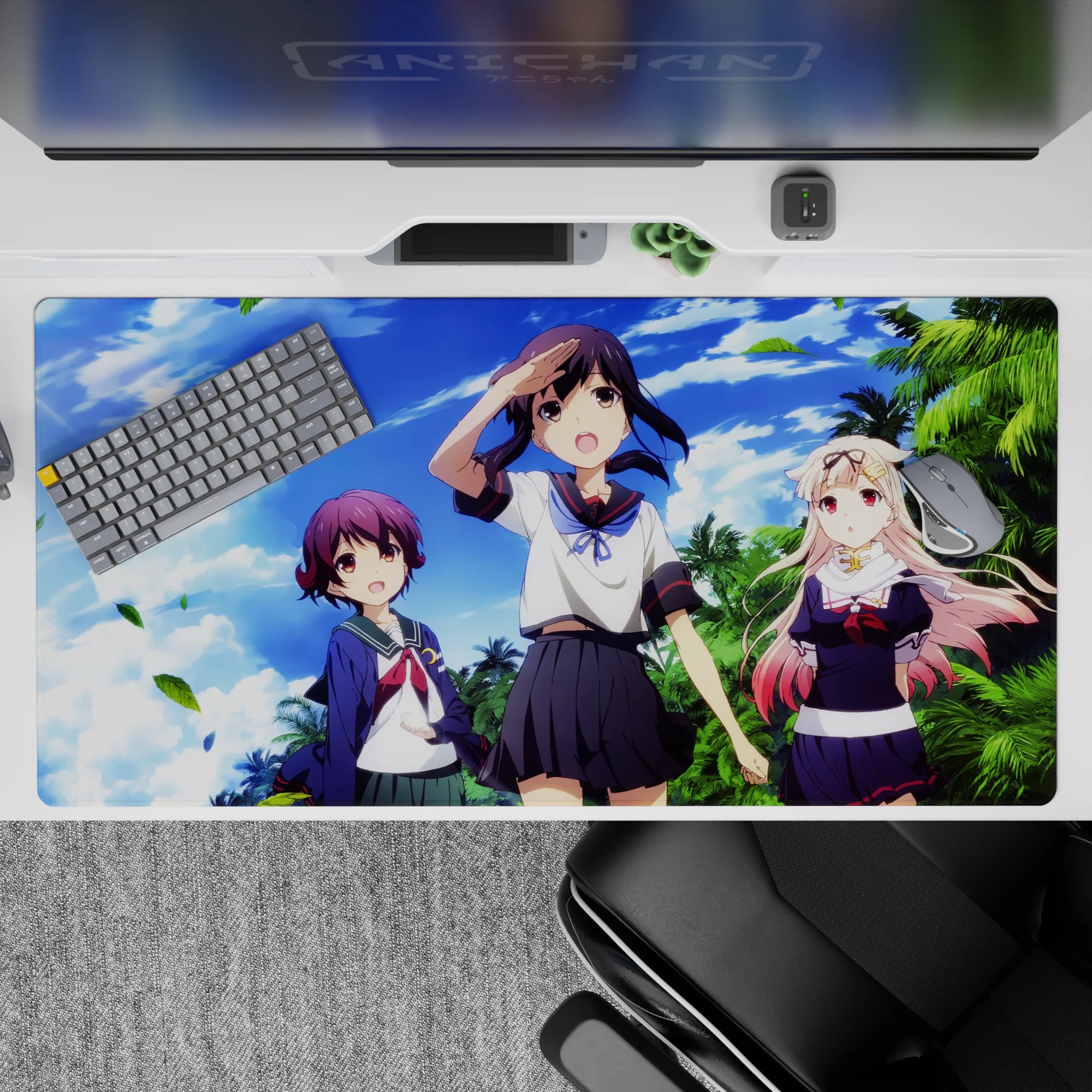 Tropical anime desk pad 40x20 inches in cobalt sky blues, blush tones, and bold uniforms, sunny vibe.