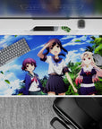 Tropical anime desk pad 40x20 inches in cobalt sky blues, blush tones, and bold uniforms, sunny vibe.
