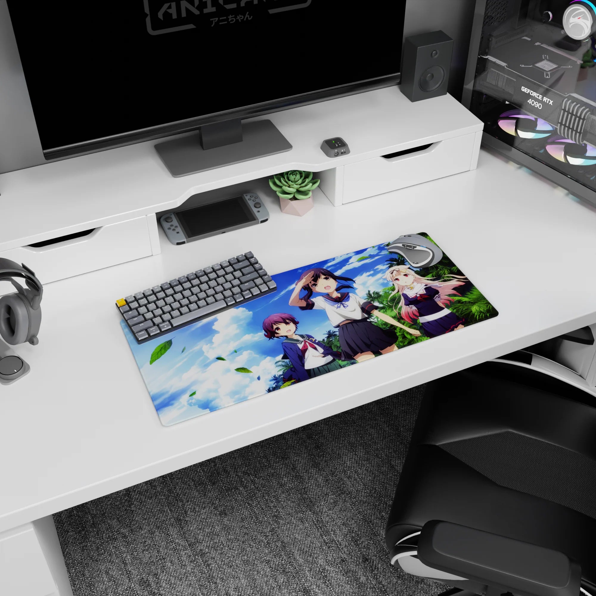 Three cute anime heroines on a beachy school adventure scene mouse pad 28x12 inches with swaying palms.
