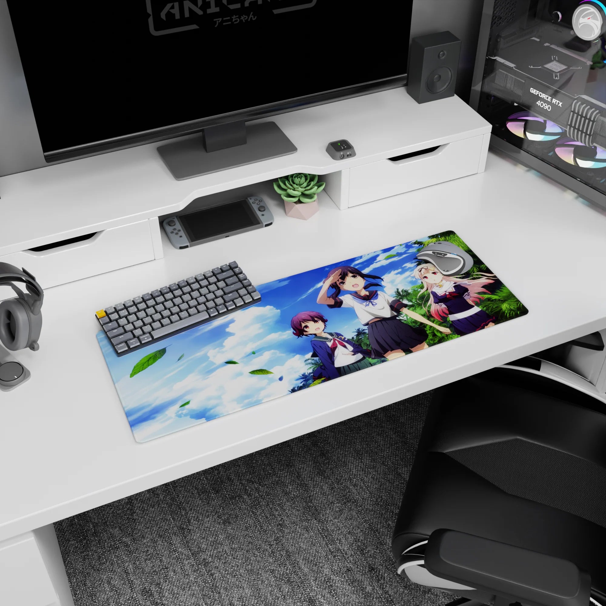 32x12 inches anime girl mouse pad showing three cute heroines under cloud-bright skies and swaying palms.