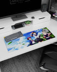 32x12 inches anime girl mouse pad showing three cute heroines under cloud-bright skies and swaying palms.