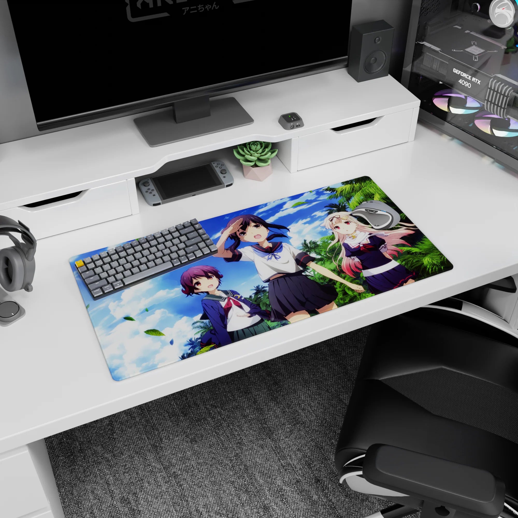 32x16 inches anime girl mouse pad showing three cute heroines posing under palm trees and clouded sky.
