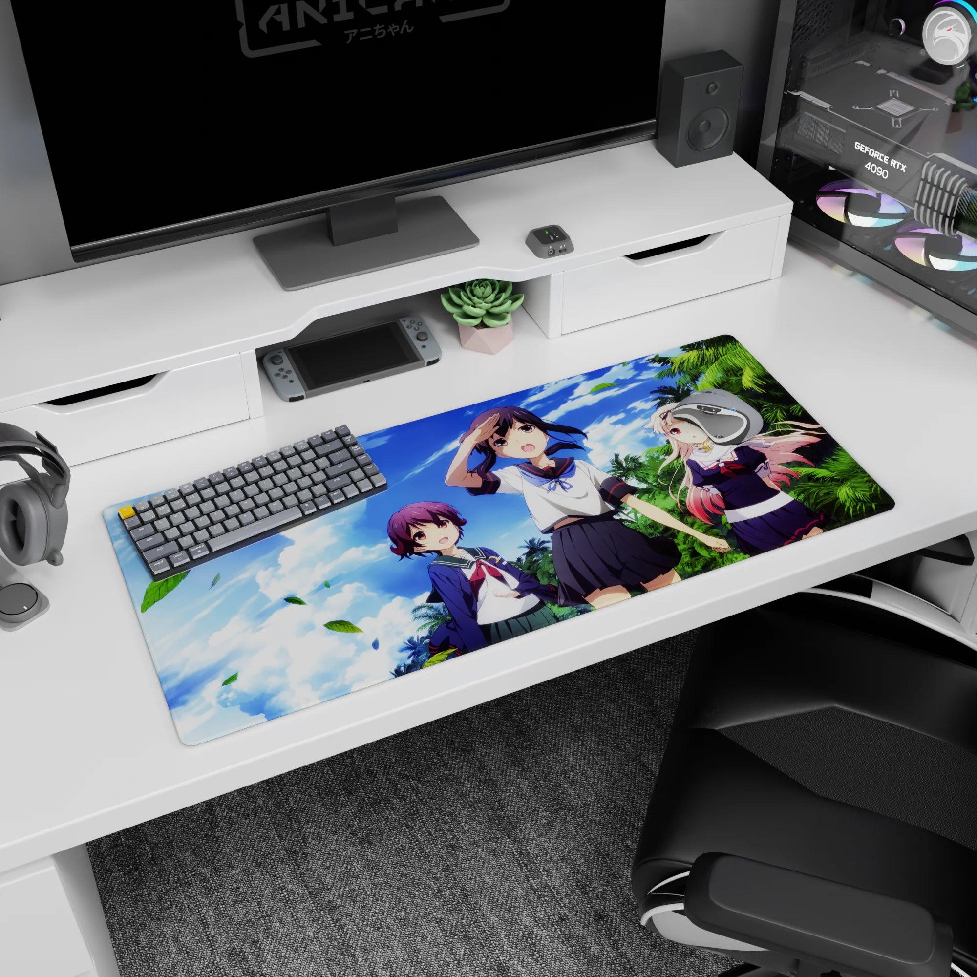36x16 inches anime desk pad showing three cute heroines beneath tropical clouds and swaying palms.