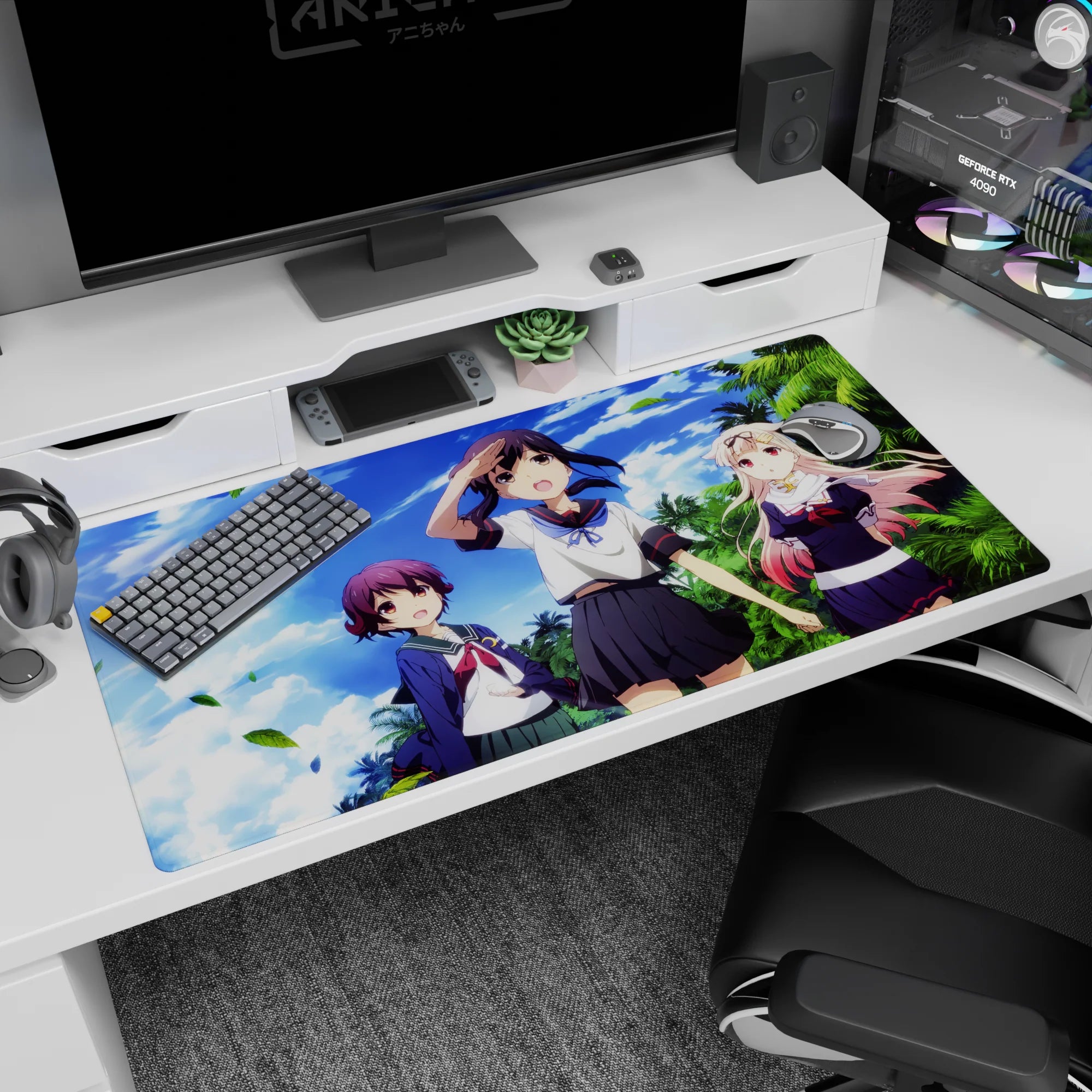 40x20 inches anime desk pad showing three cute heroines posing beneath bright clouds and swaying palms.