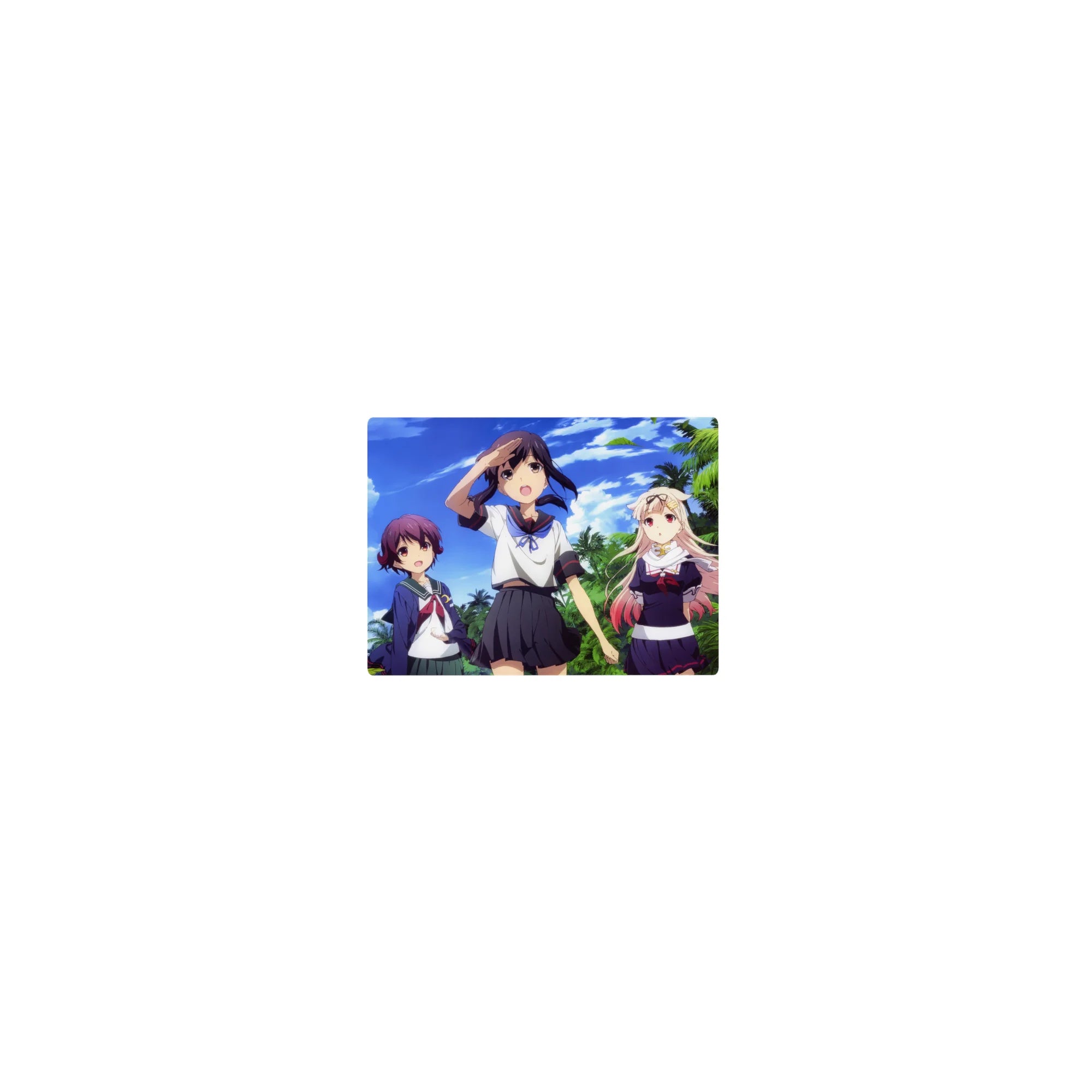Classic anime girl mouse pad 14x10 inches with three schoolgirls, palm trees, and drifting green leaves.