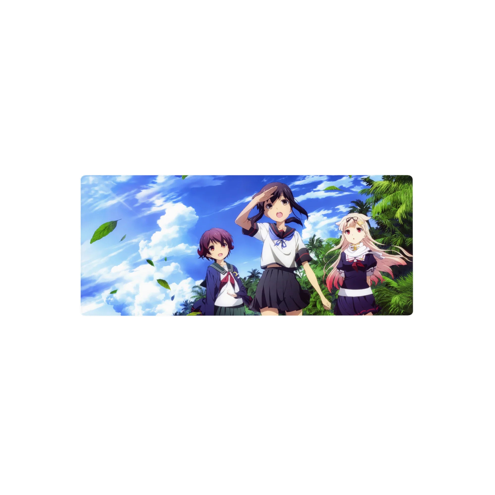 Anime girl mouse pad 28x12 inches with three schoolgirls, palm trees, and drifting leaves under cobalt clouds.