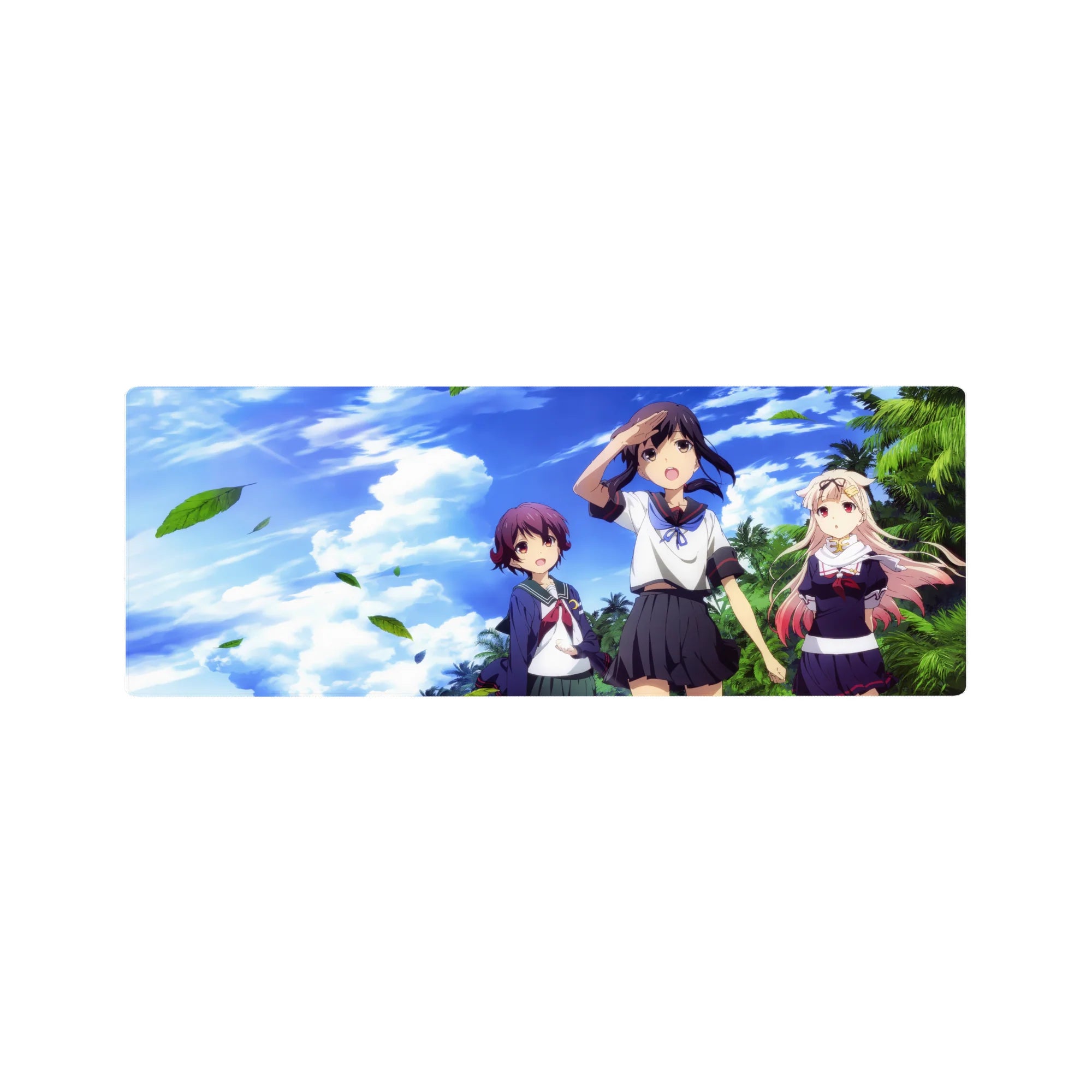 32x12 inches anime girl mouse pad with three schoolgirls, palm trees, and drifting green leaves.