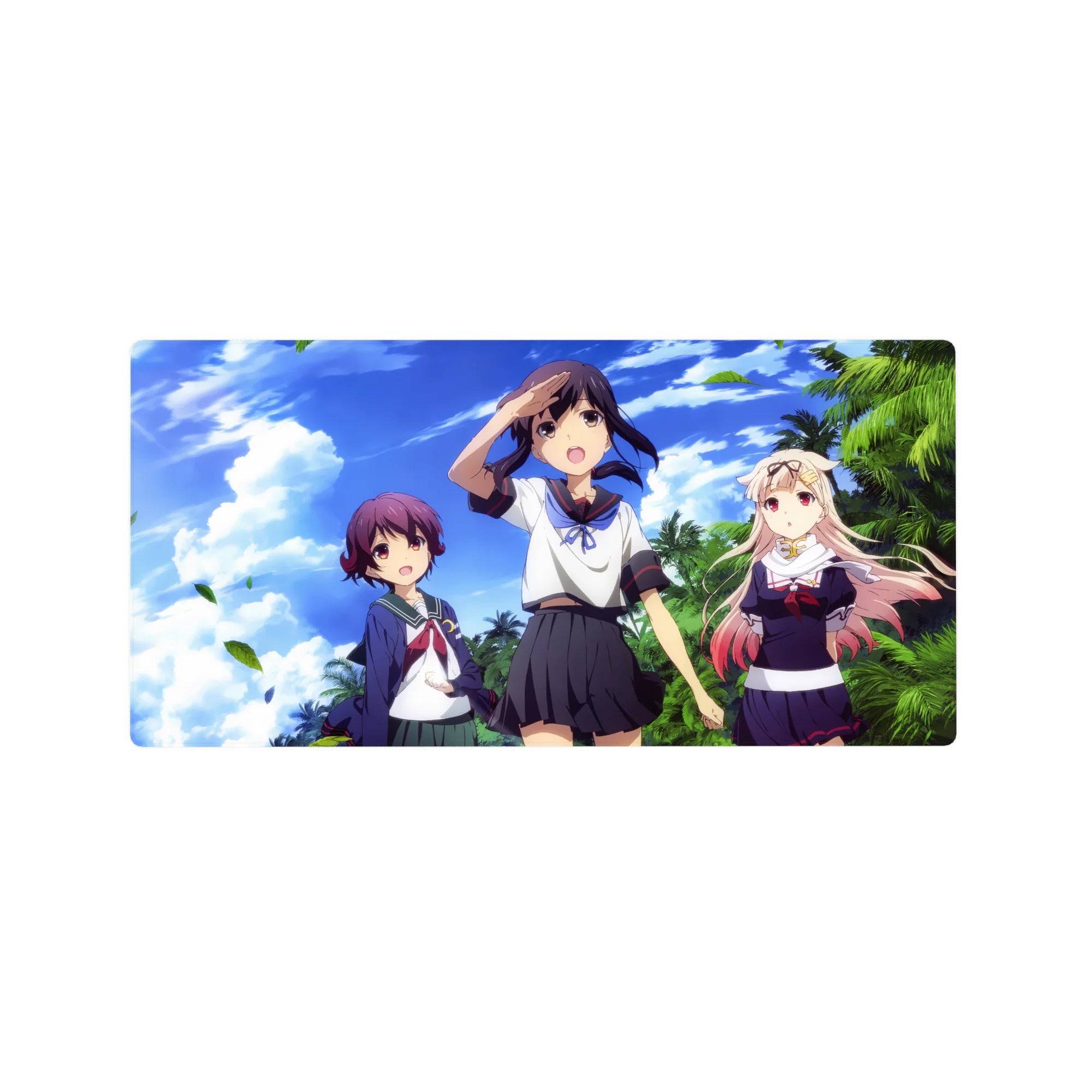 Anime girl mouse pad 32x16 inches with three schoolgirls, palm trees, drifting leaves, and blue sky.
