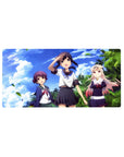 Anime girl mouse pad 32x16 inches with three schoolgirls, palm trees, drifting leaves, and blue sky.