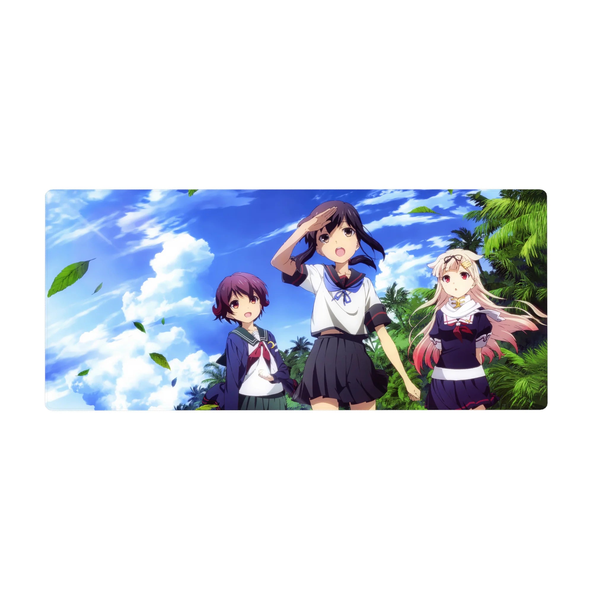 Anime girl desk pad 36x16 inches with three schoolgirls, palm trees, and drifting green leaves.