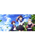 Anime girl desk pad 36x16 inches with three schoolgirls, palm trees, and drifting green leaves.