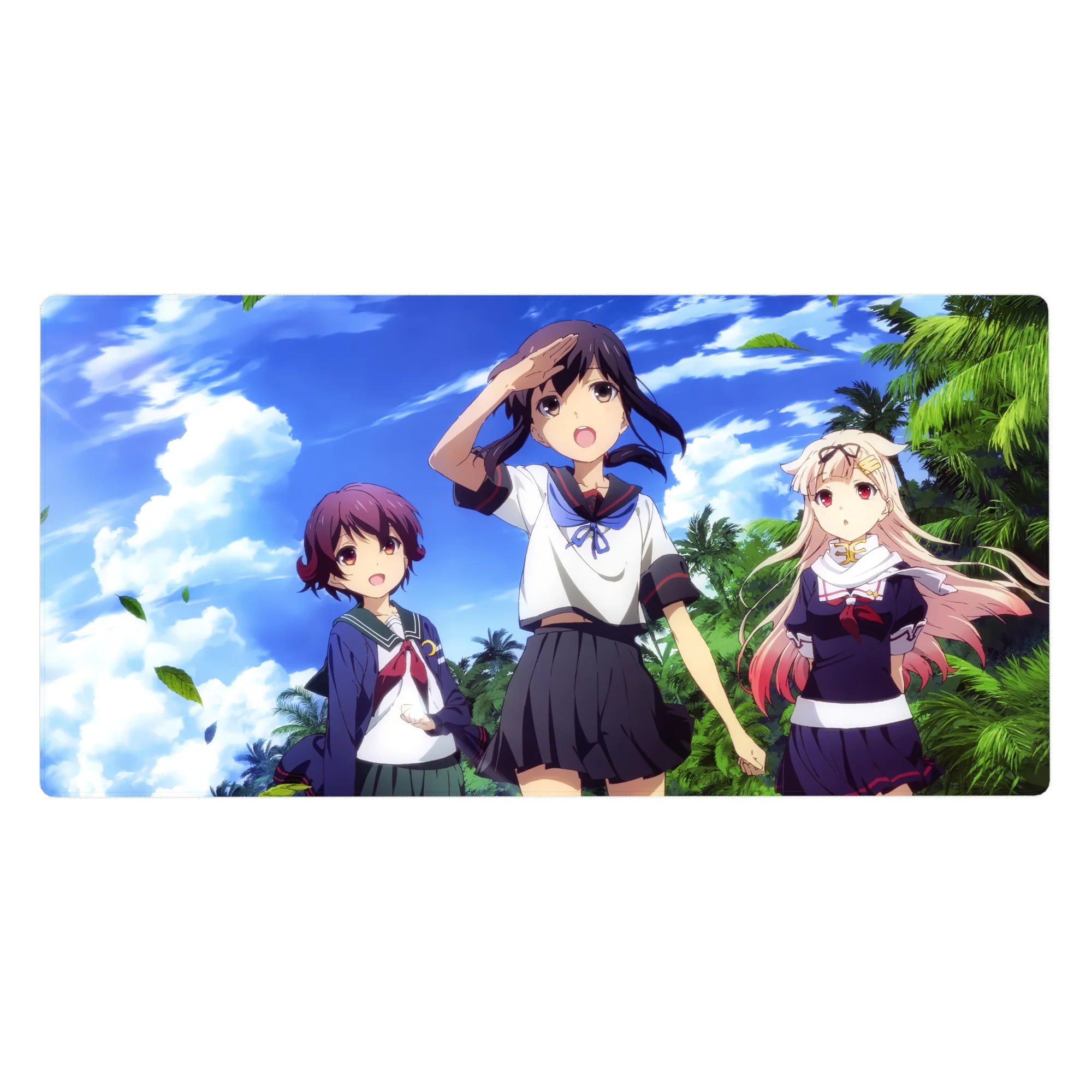 Anime girl desk pad 40x20 inches with three schoolgirls under palm trees and drifting green leaves.