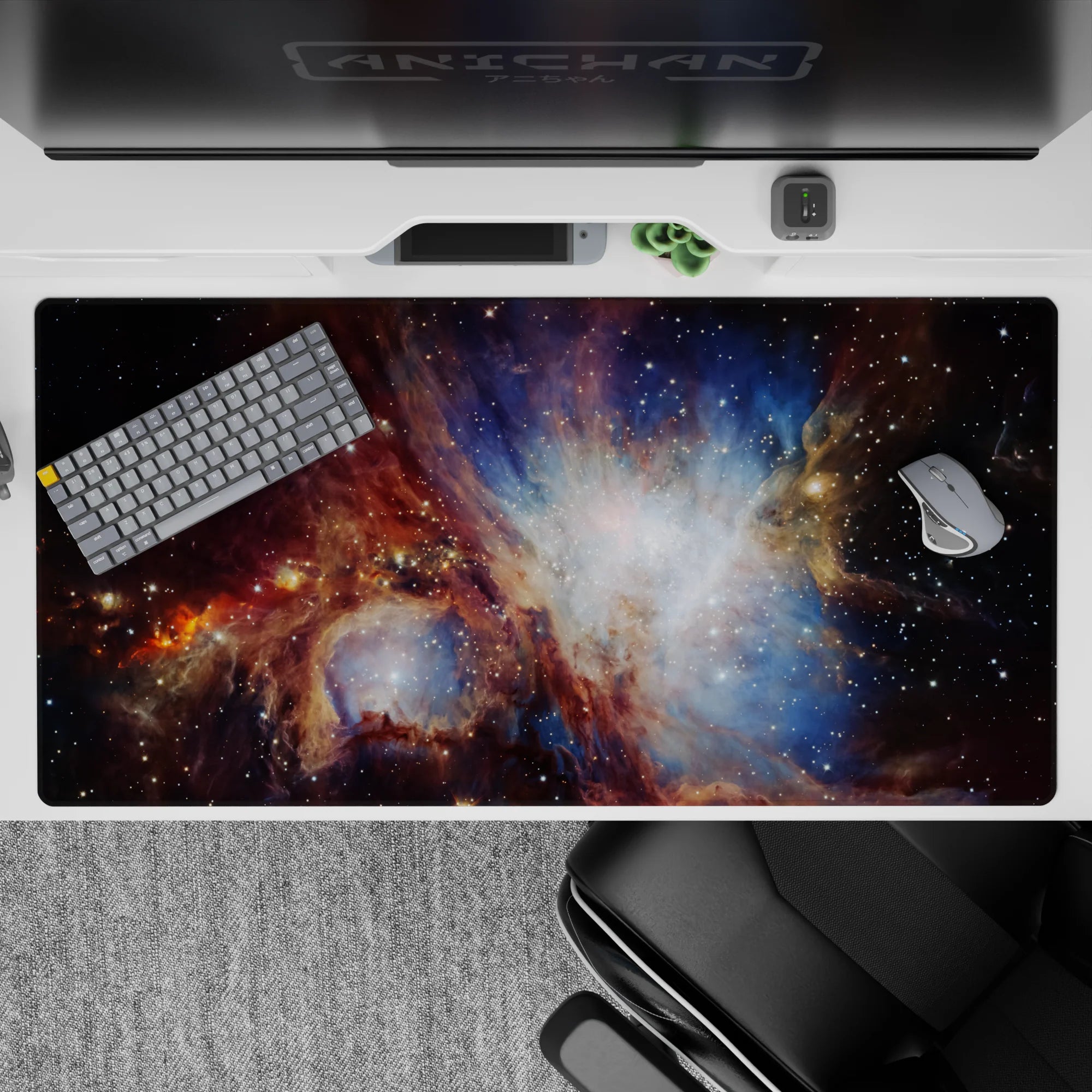 Smoky blue and warm rust cosmic desk pad 40x20 inches, calm adventurous mood with dark edges.