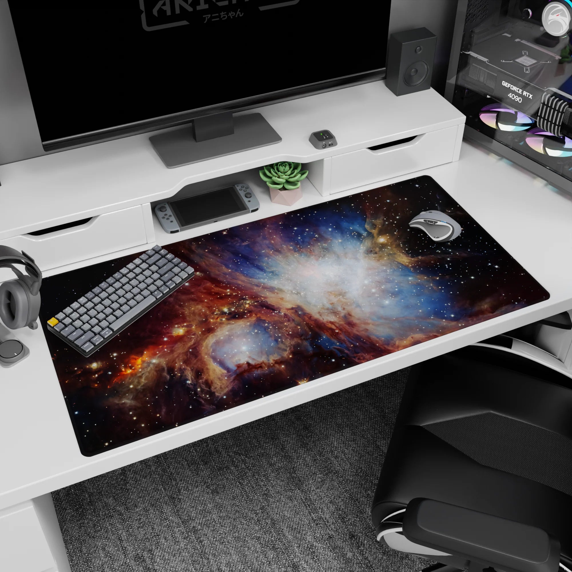 Star-speckled nebula core fading to deep night desk pad 40x20 inches for keyboard and mouse.