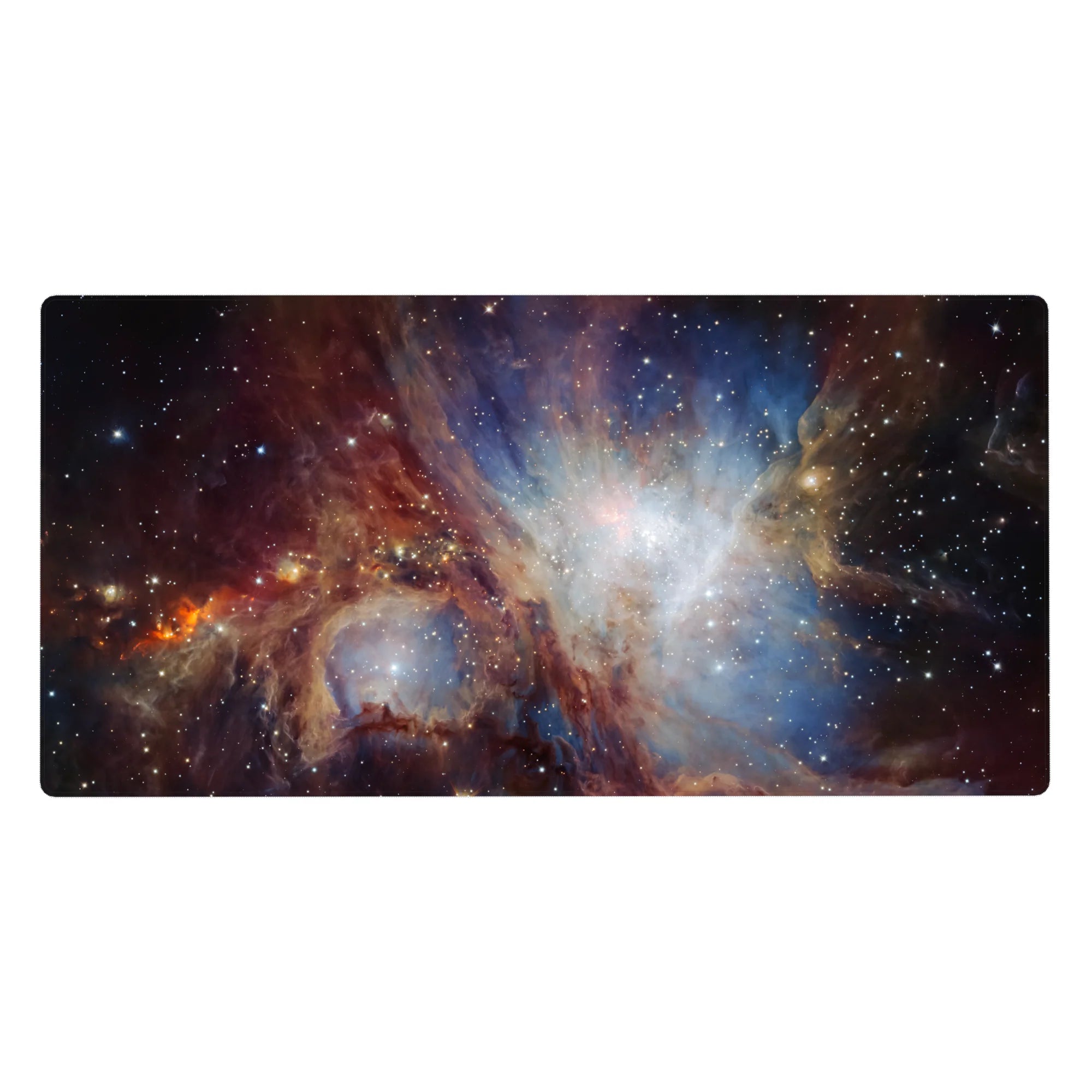 Nebula galaxy desk pad 40x20 inches with star-speckled clouds and smooth flow pattern.