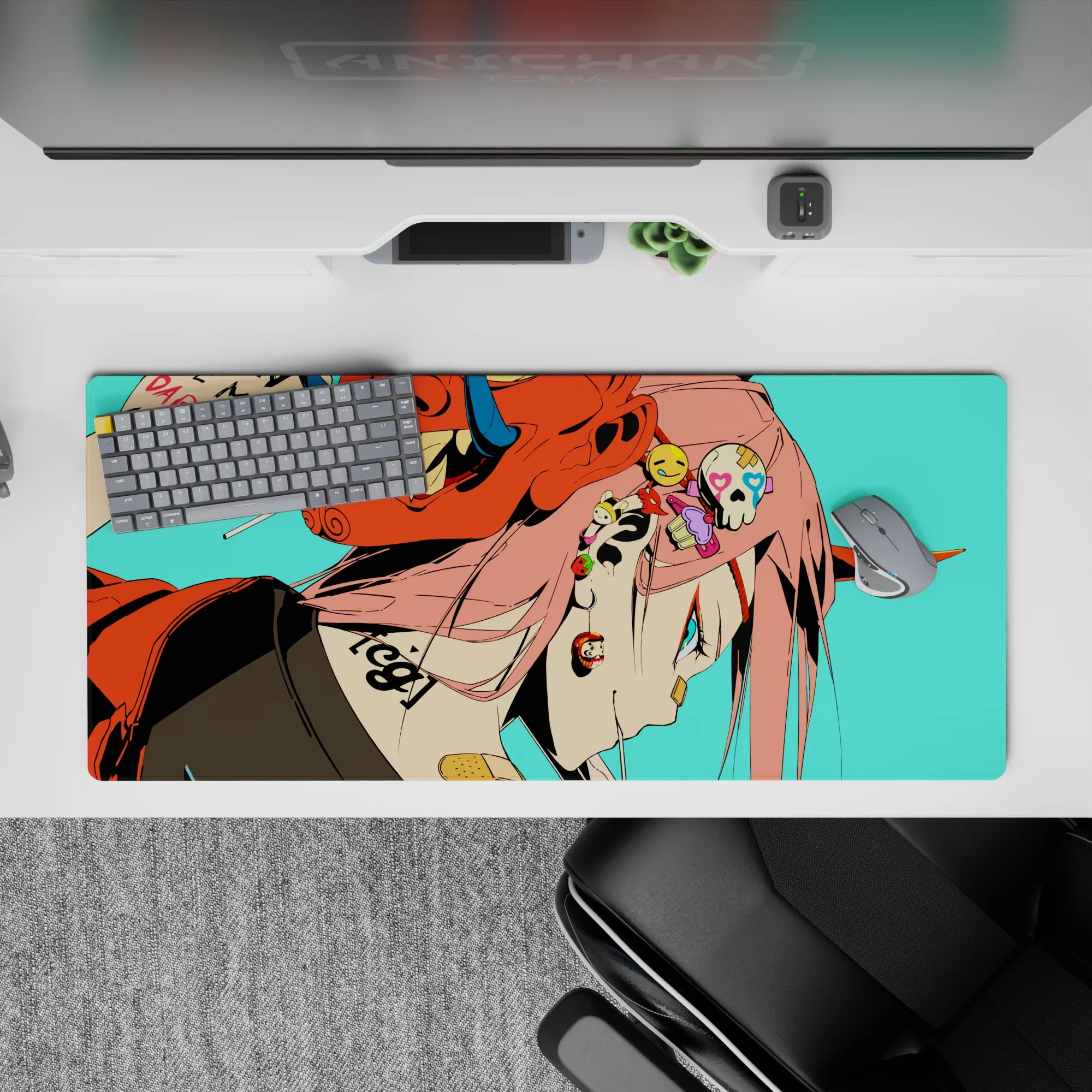 36x16 inches mouse pad with Zero Two design, blending neon colors, rebellious piercings, and a fierce oni mask for a bold anime vibe.