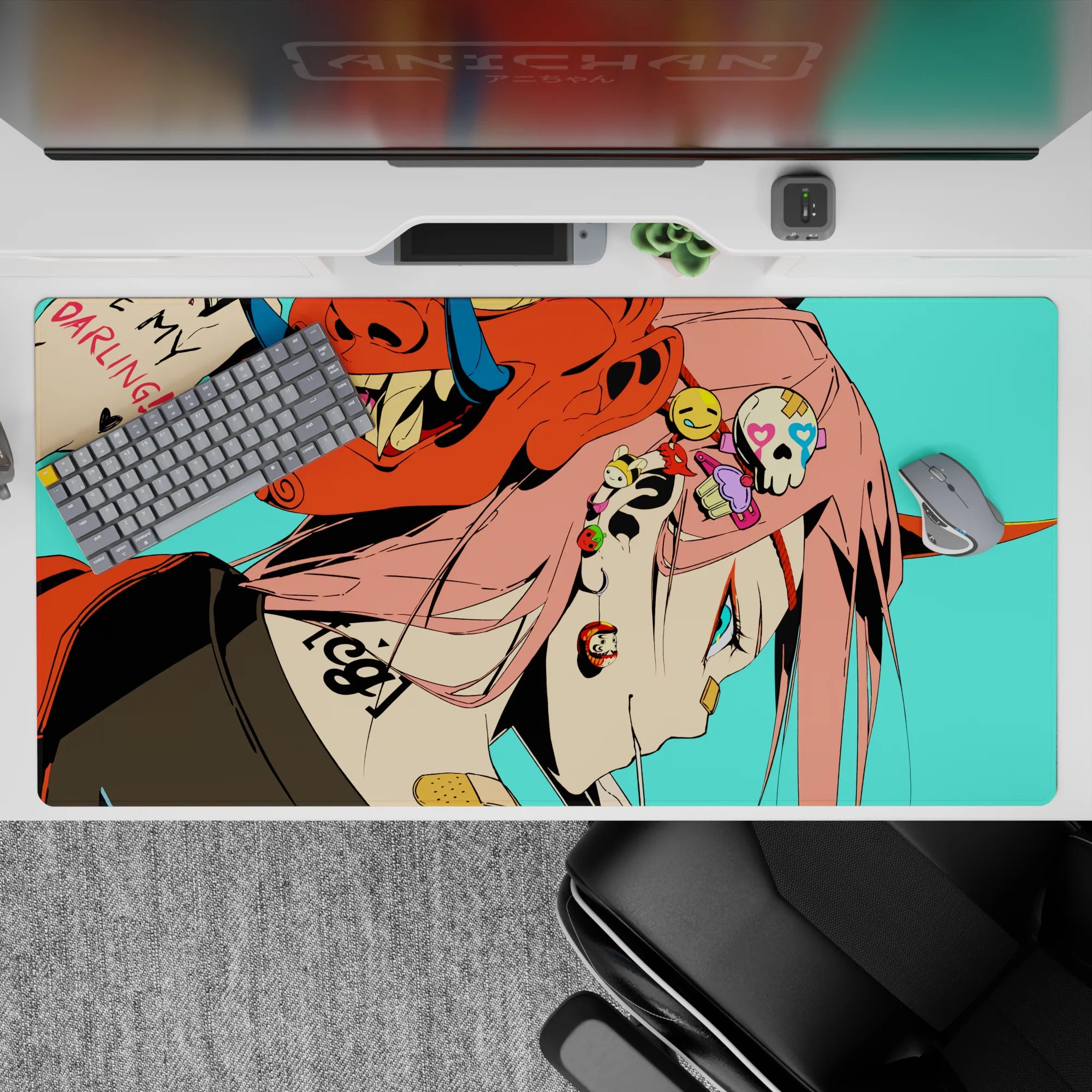 40x20 inches mouse pad with Zero Two design, showcasing a punk-inspired, neon-infused style with oni mask and bold piercings for a fierce anime look.