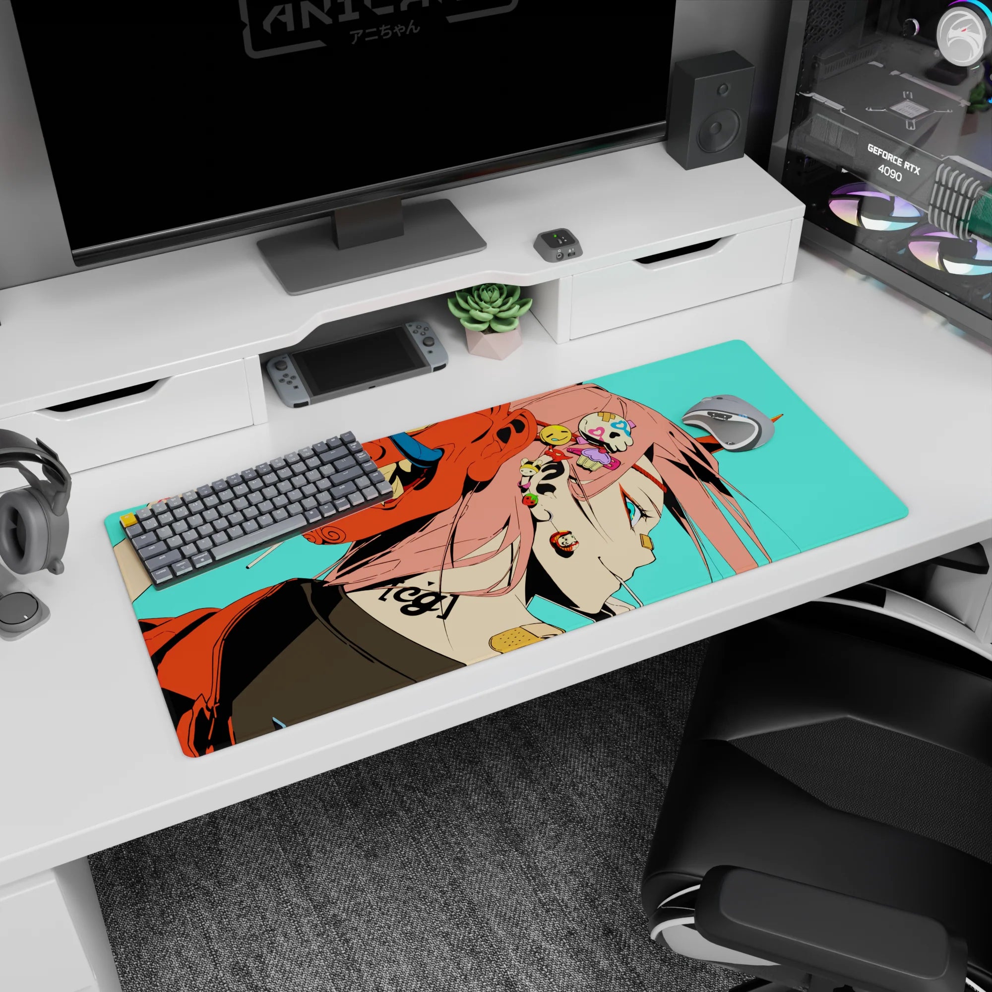 Artistic 36x16 inches mouse pad featuring Zero Two design, with punk-inspired style, oni mask, and neon-infused colors for a bold, edgy aesthetic.