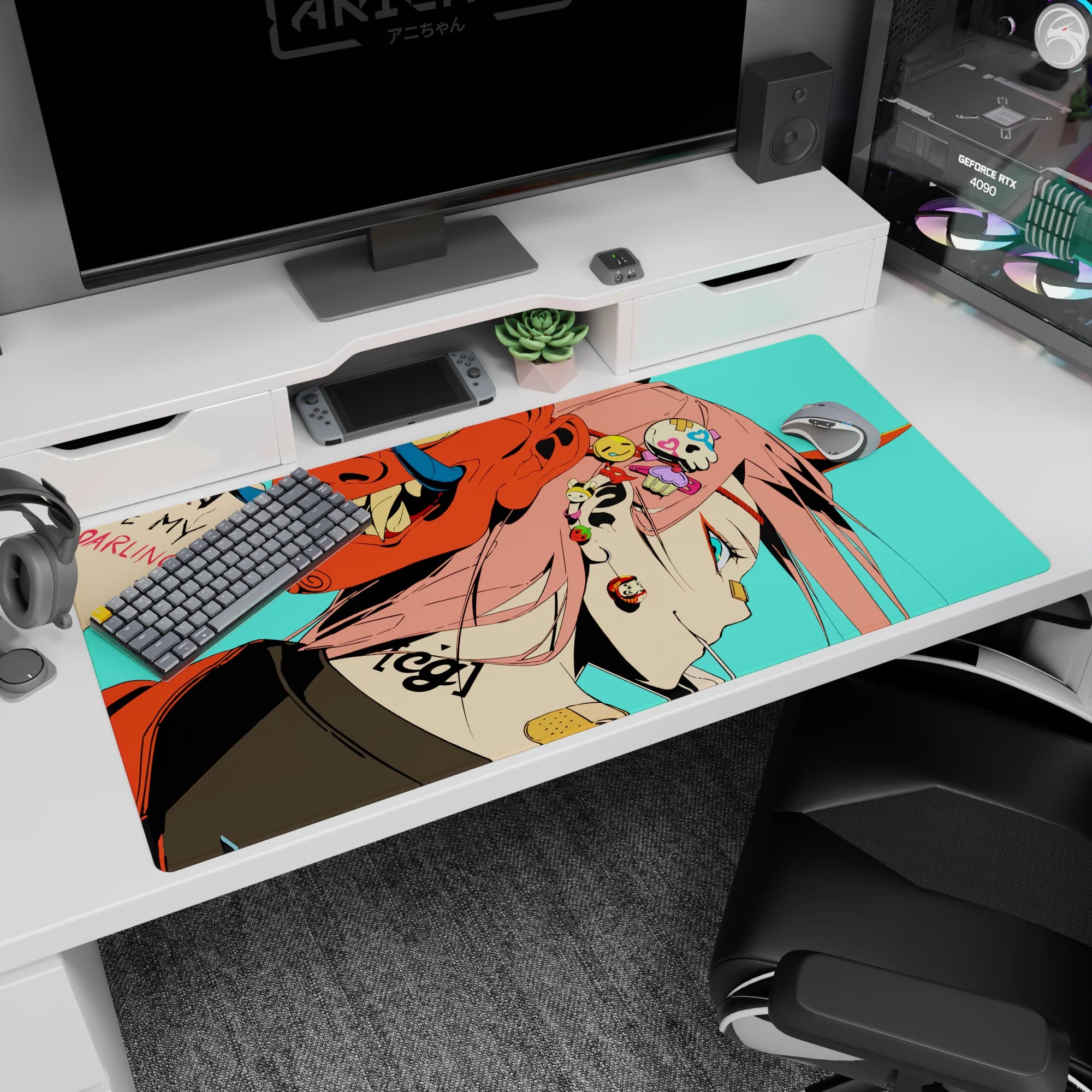 Large 40x20 inches mouse pad featuring Zero Two design, with a fierce oni mask, piercings, and neon-infused style for a bold, rebellious anime aesthetic.