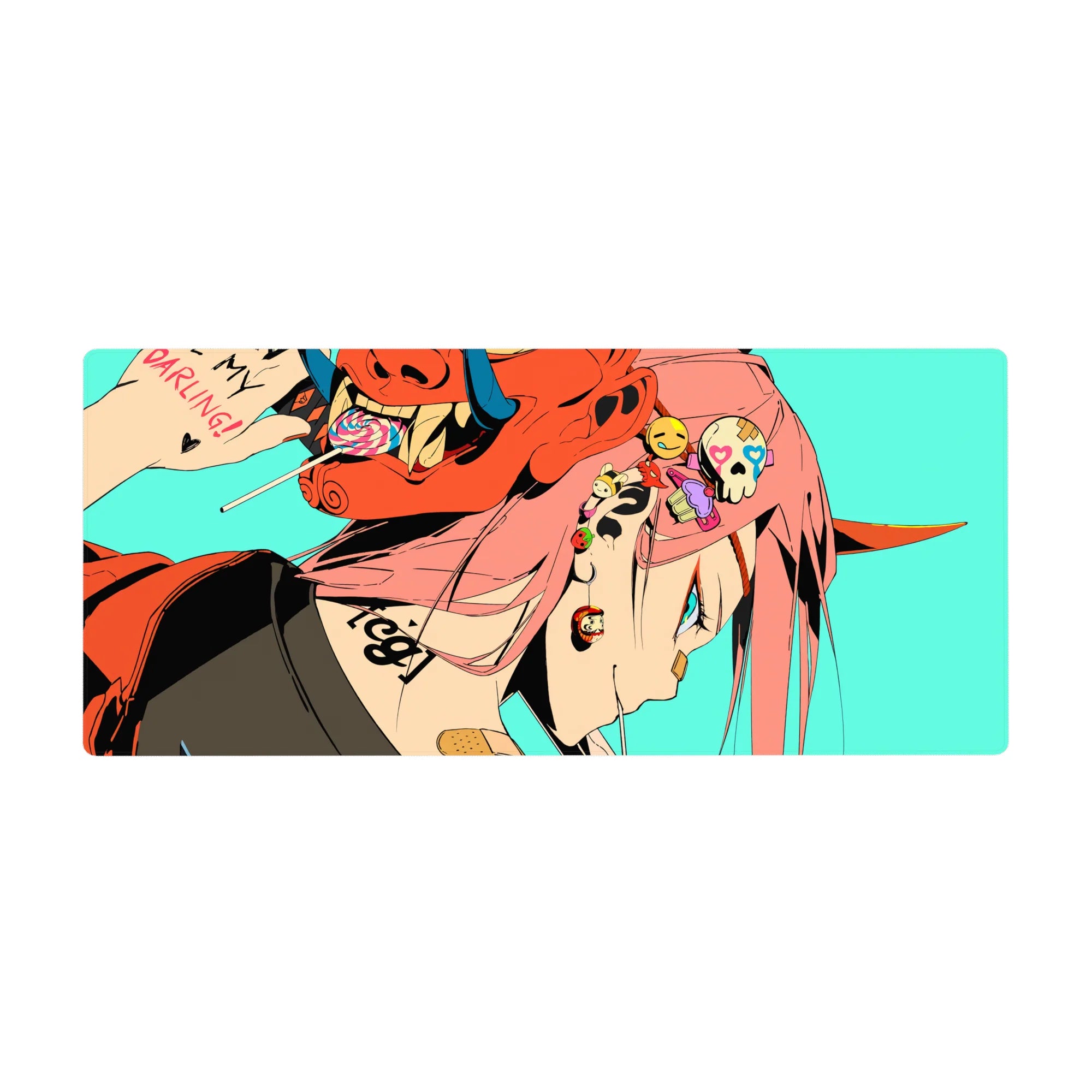 Mouse pad featuring Zero Two design, 36x16 inches, with a punk-inspired look, featuring oni mask and piercings for a fierce, edgy anime effect.