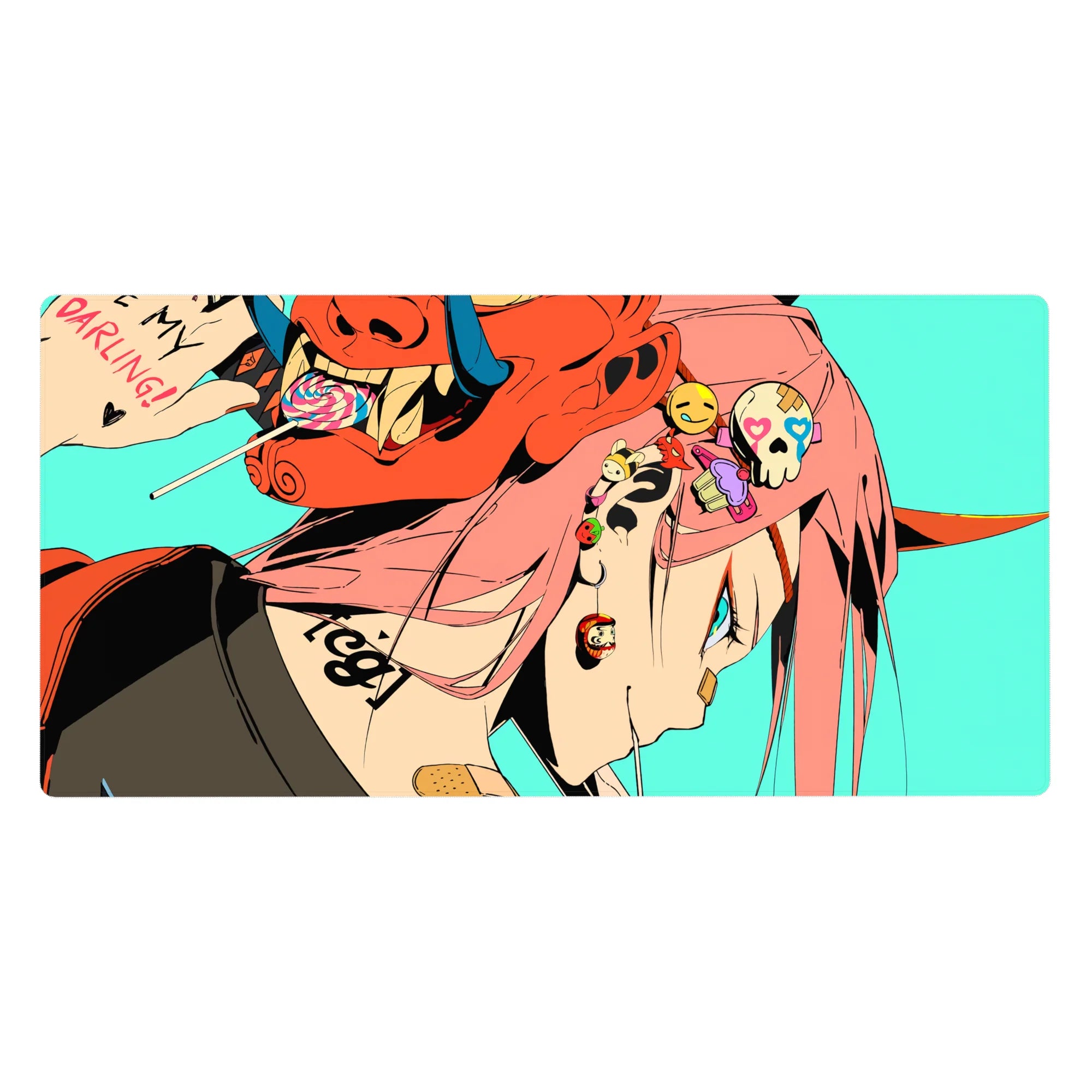 Mouse pad featuring Zero Two design, 40x20 inches, with a punk-inspired, neon-infused style, featuring a fierce oni mask and rebellious piercings for an edgy vibe.