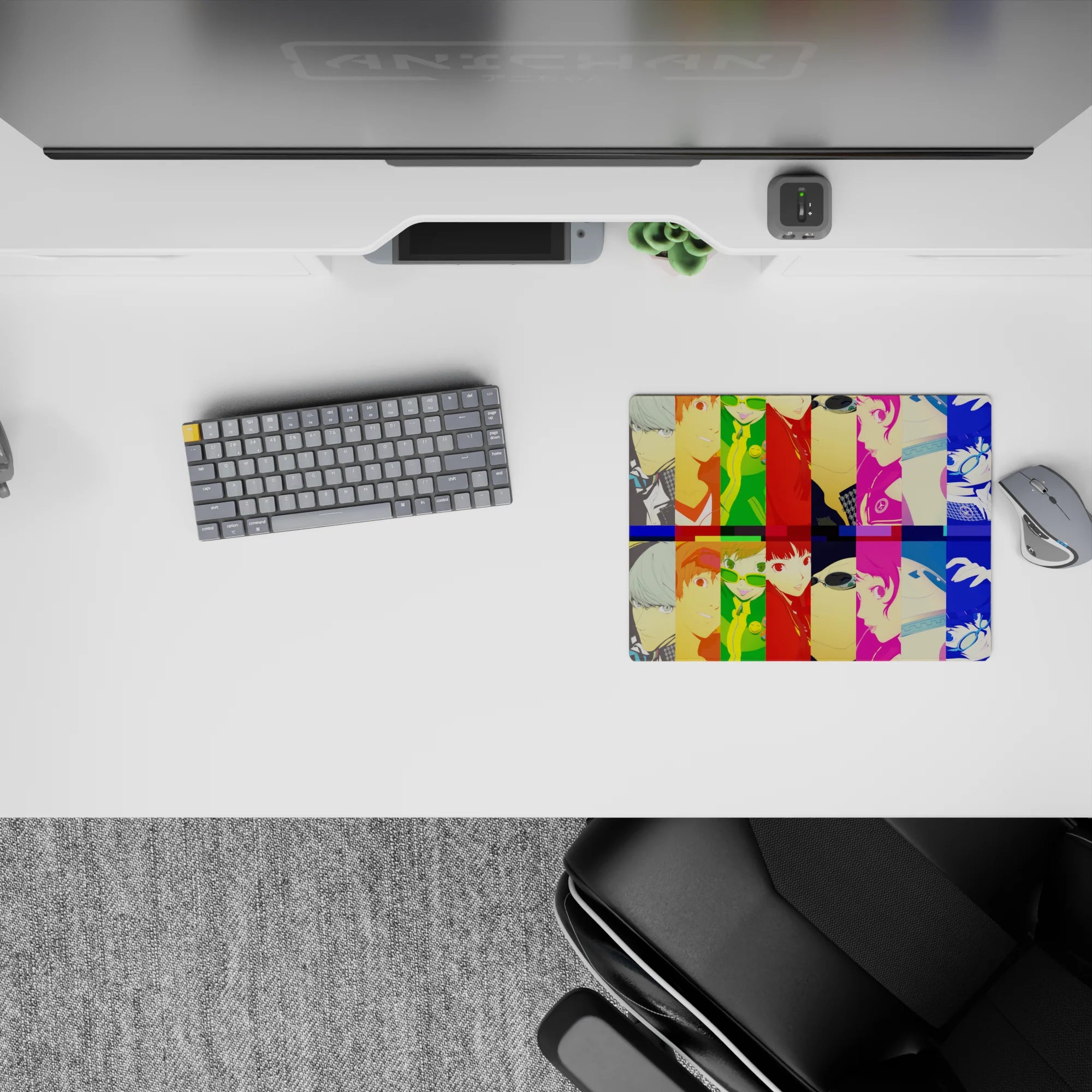 Persona 4 Golden mouse pad, 14x10 inches, features Yu, Chie, Naoto in vibrant color blocks, perfect for gaming enthusiasts.