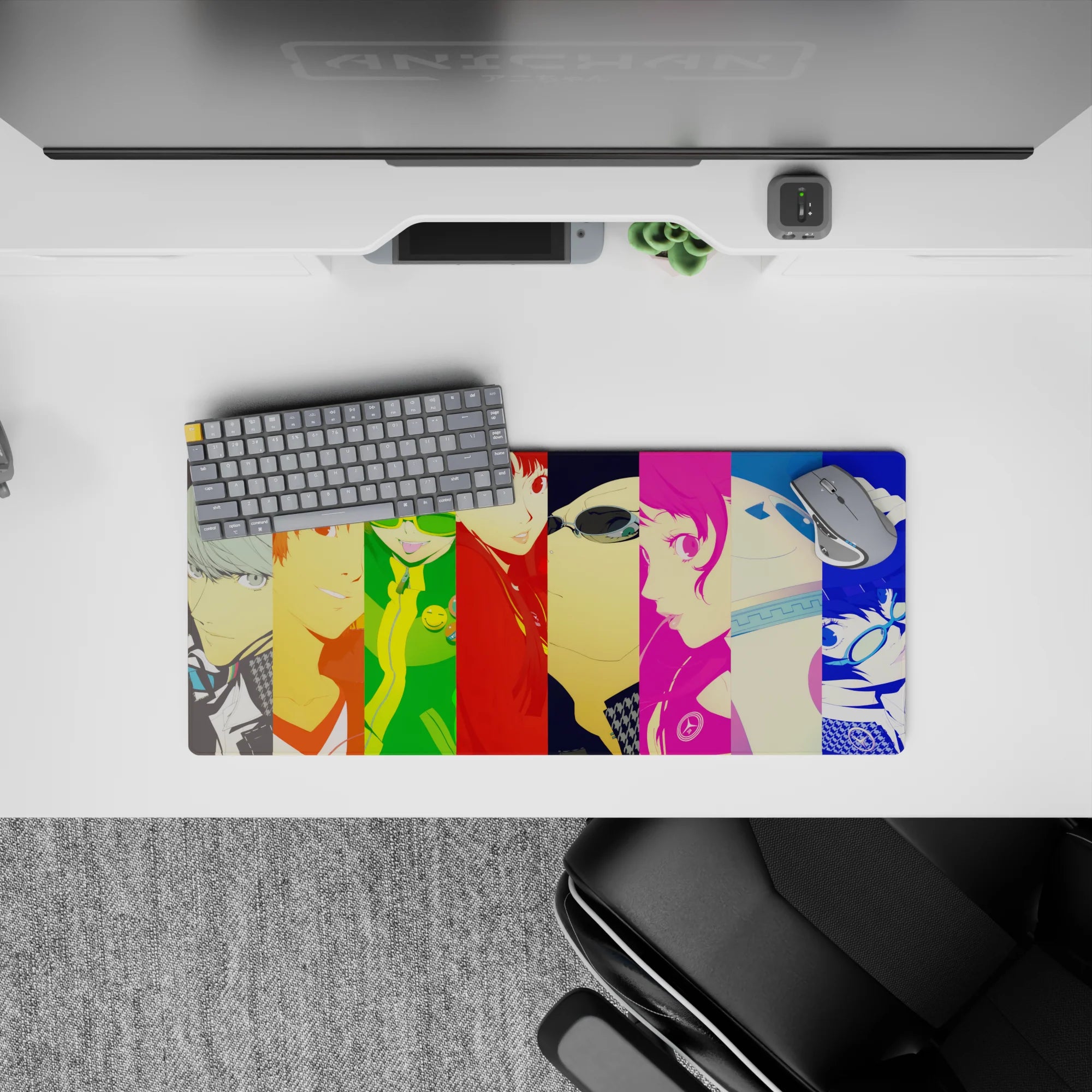 Persona 4 Golden mouse pad, 28x12 inches, featuring Yu, Chie, and Naoto in vibrant color blocks, perfect for gaming.
