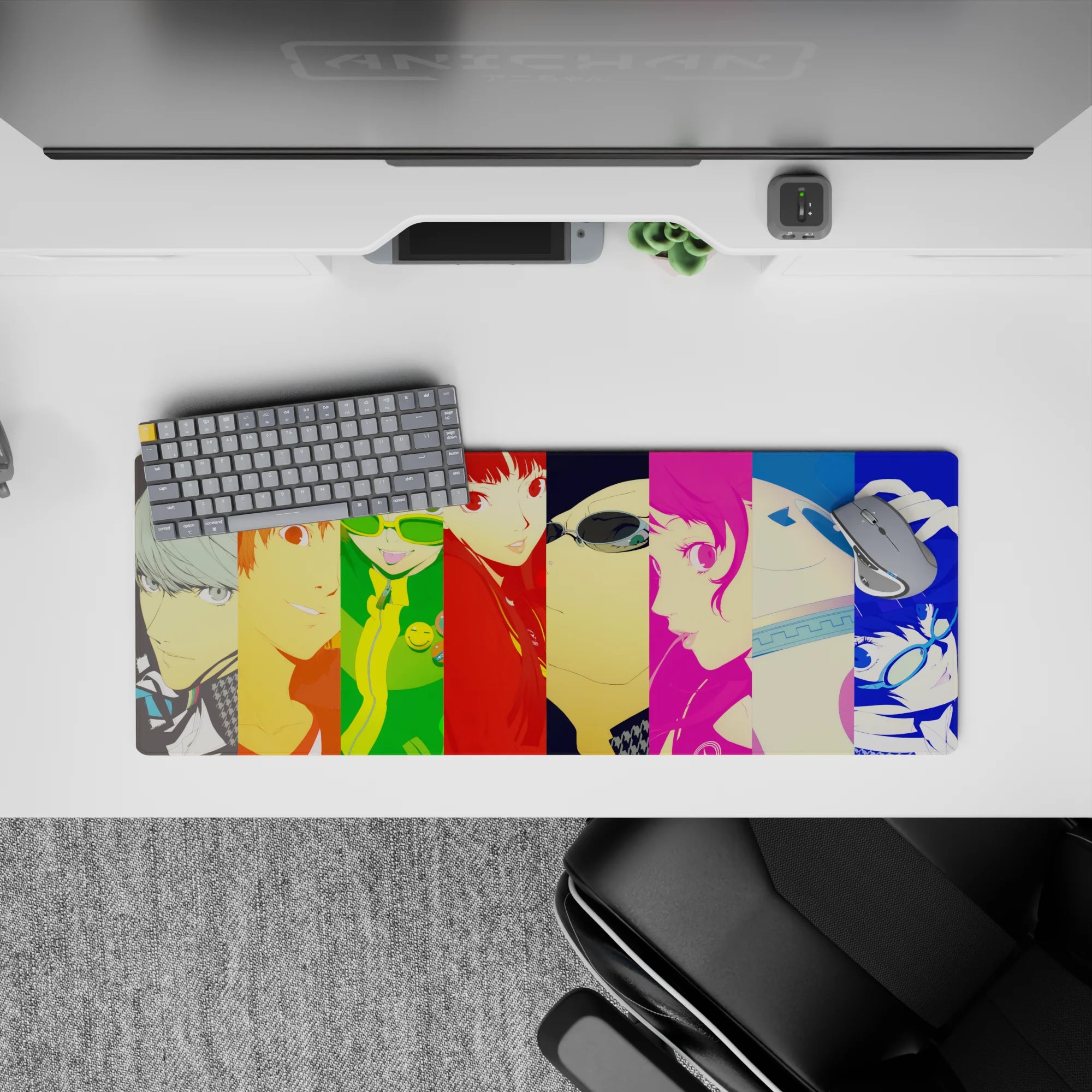 Anime mouse pad 32x12 inches featuring Persona 4 Golden characters Yu, Chie, Naoto in vibrant color blocks.