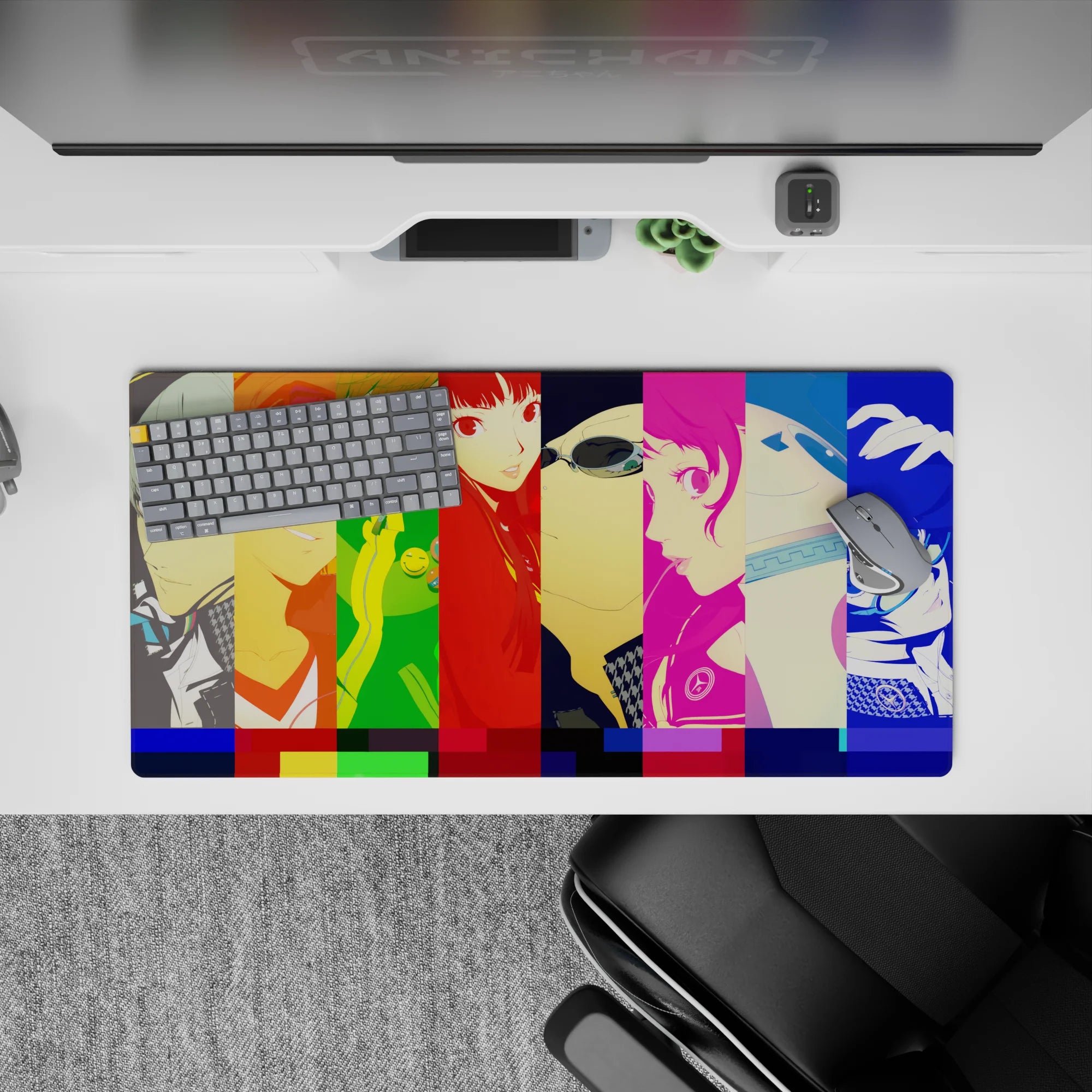 Persona 4 Golden mouse pad featuring Yu, Chie, and Naoto in colorful blocks, size 32x16 inches, perfect for gaming.